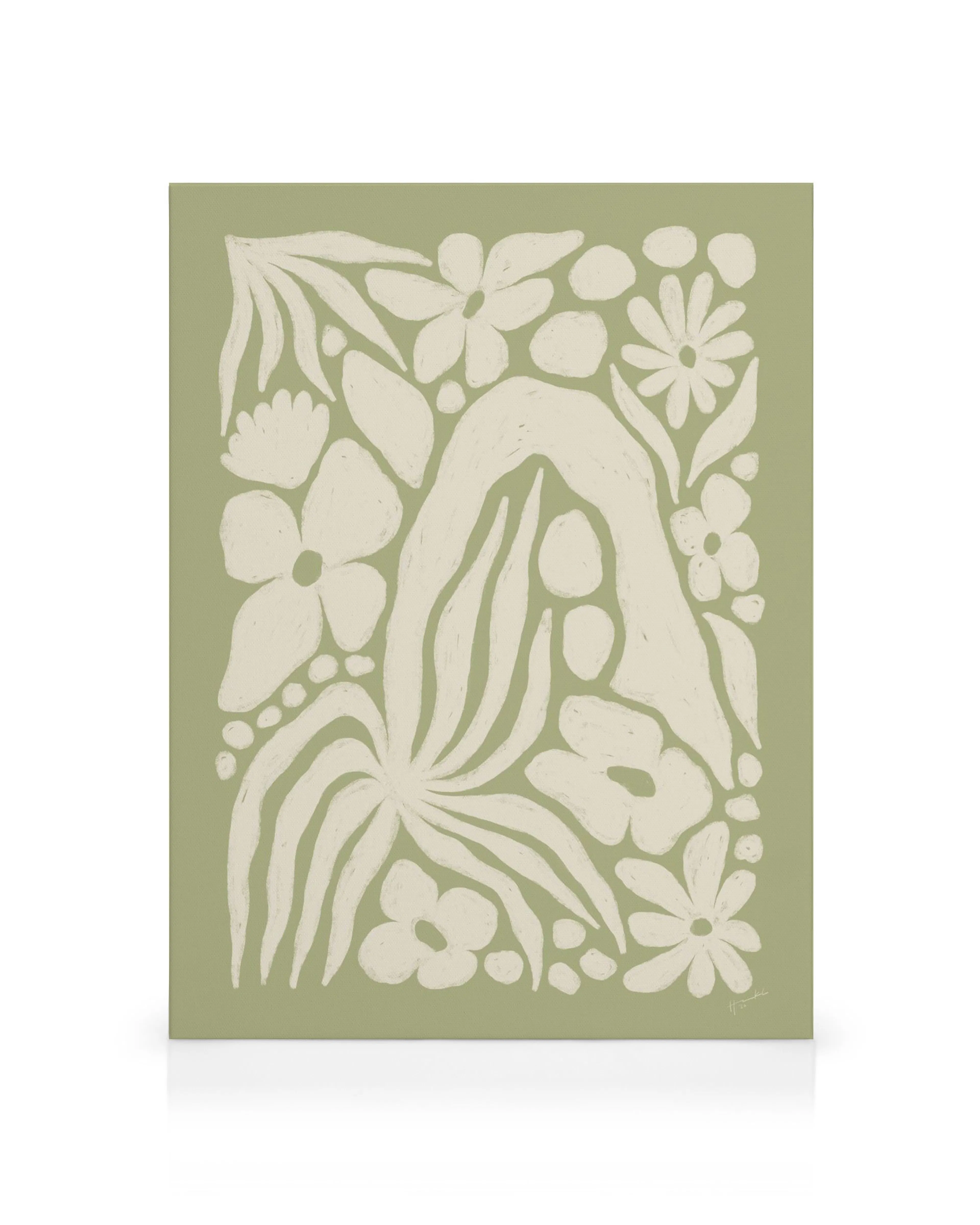 Leinwandbild mit hellem Blumenmuster auf hellgrünem Hintergrund, stilisiertes Design, botanische Kunst.