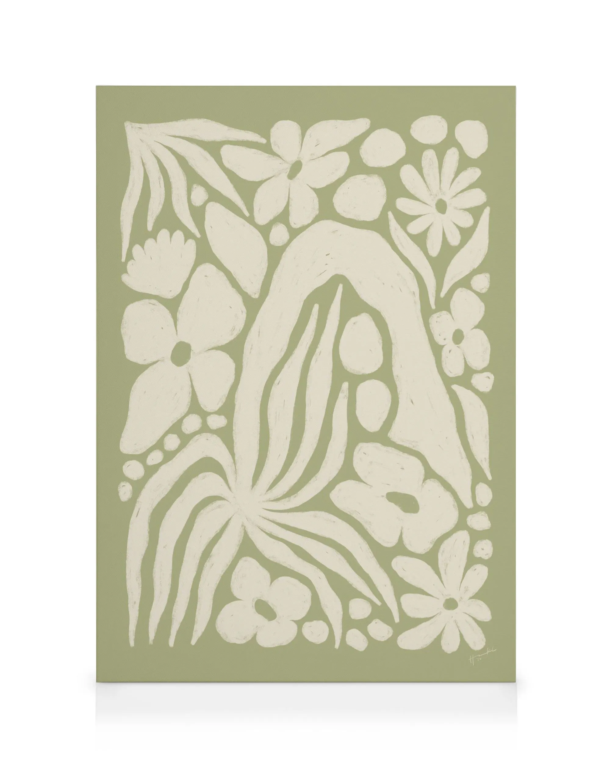 Toile verte avec motifs floraux blancs stylisés, incluant des fleurs et feuilles de jardin