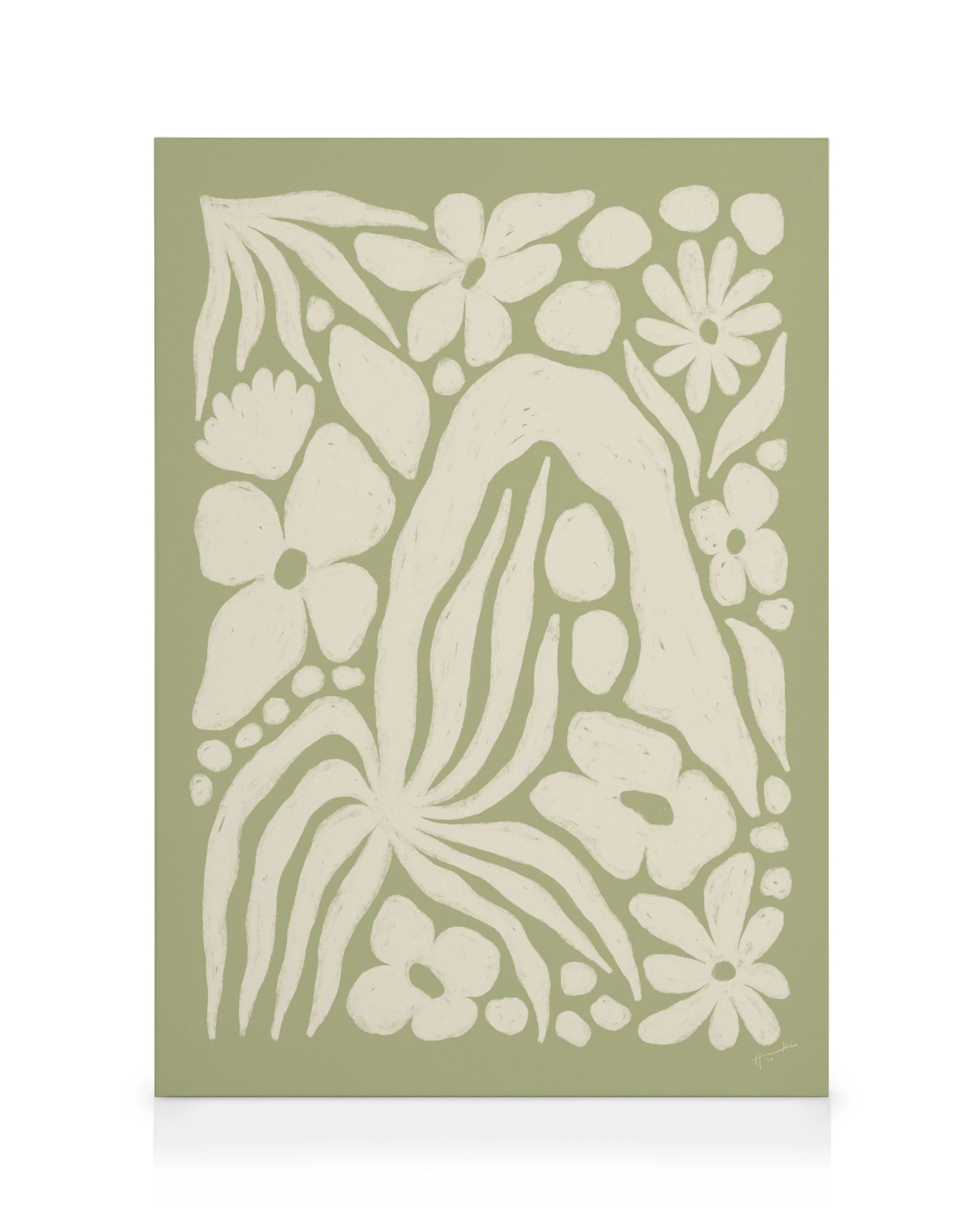 Toile verte avec motifs floraux blancs stylisés, incluant des fleurs et feuilles de jardin