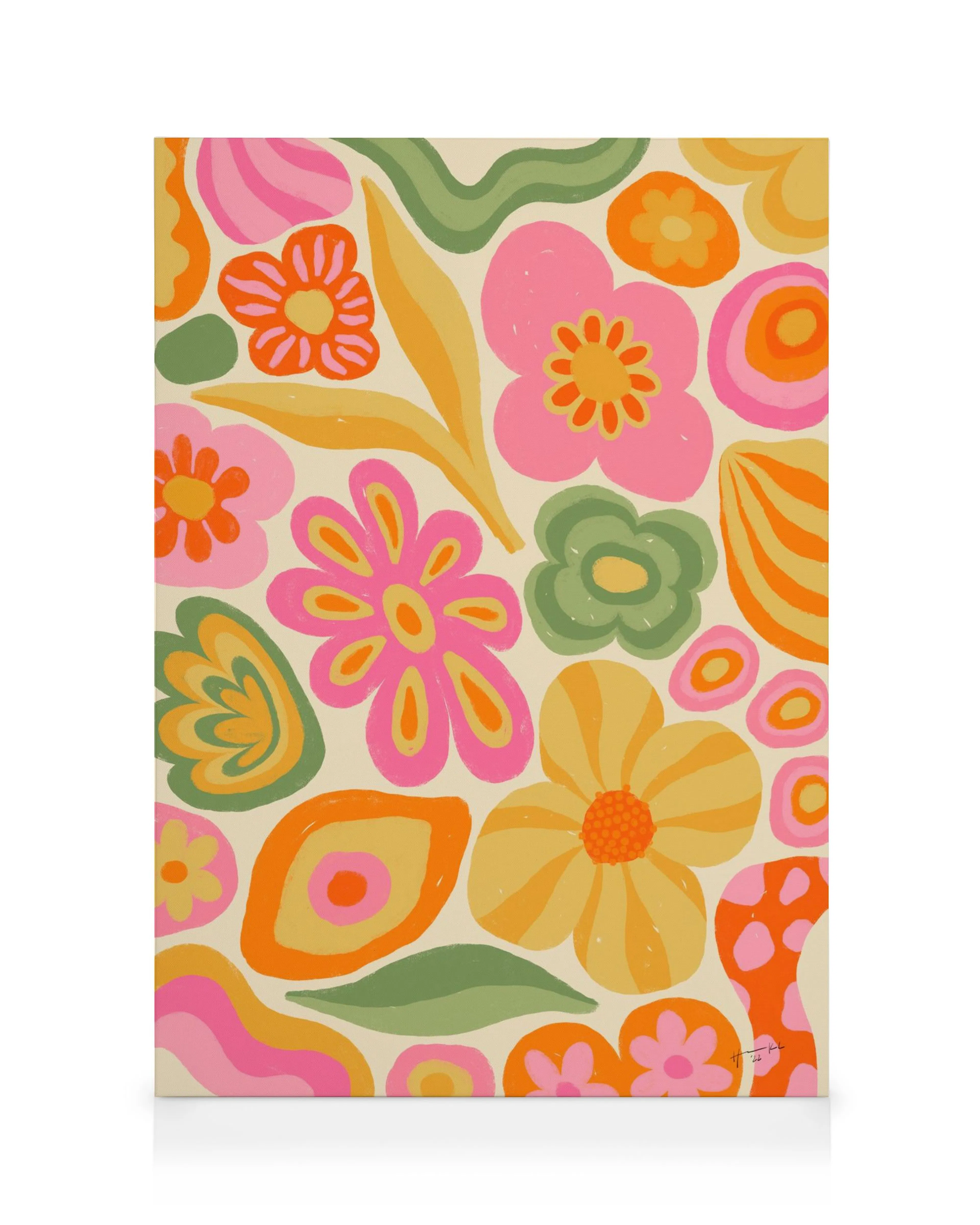 Kleurrijke abstracte canvas met bloemenpatroon in roze, oranje, groen en geel, ideaal als muurkunst.