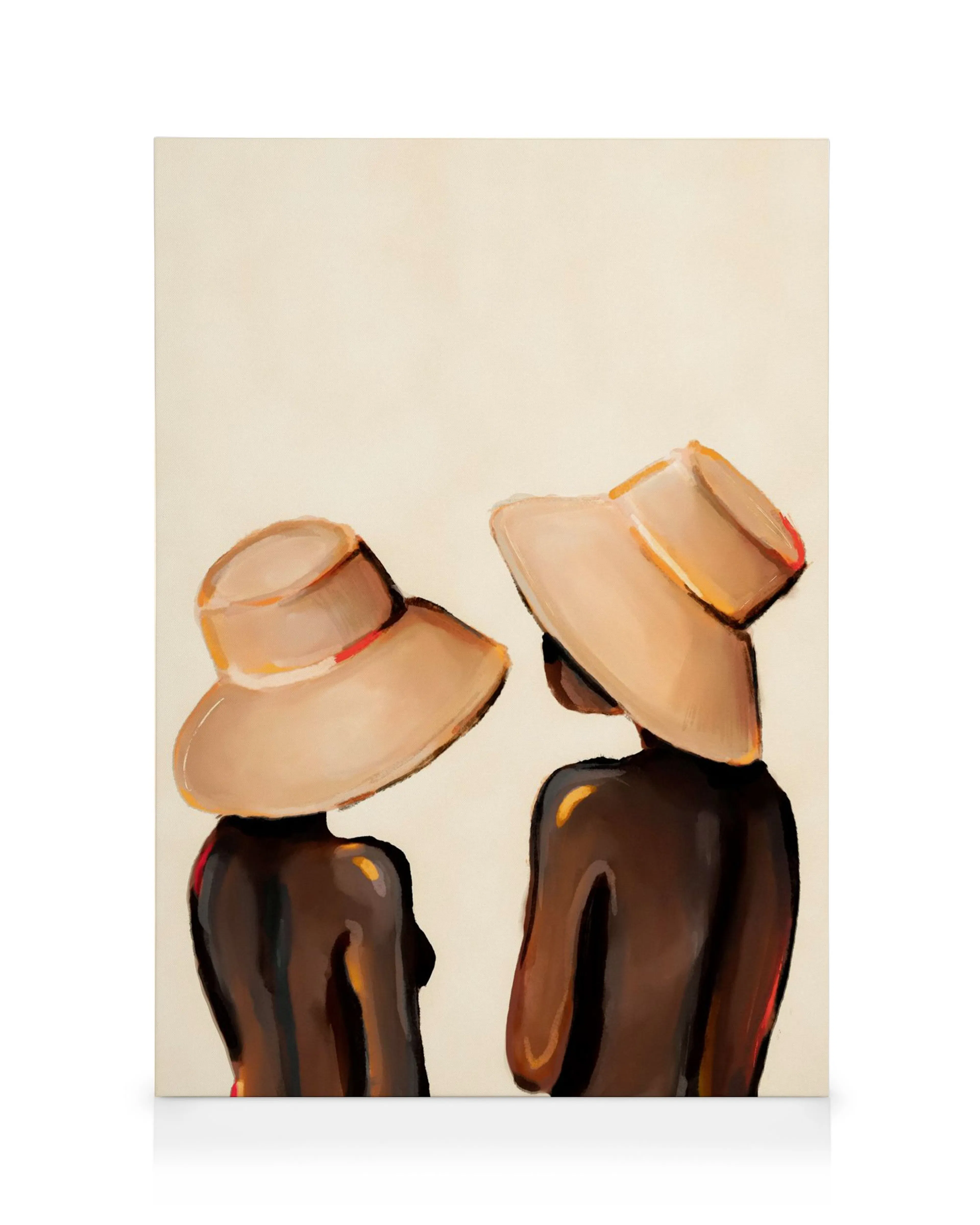 Toile abstraite de deux figures sans visage avec chapeaux à larges bords, tons bruns sur fond beige clair.