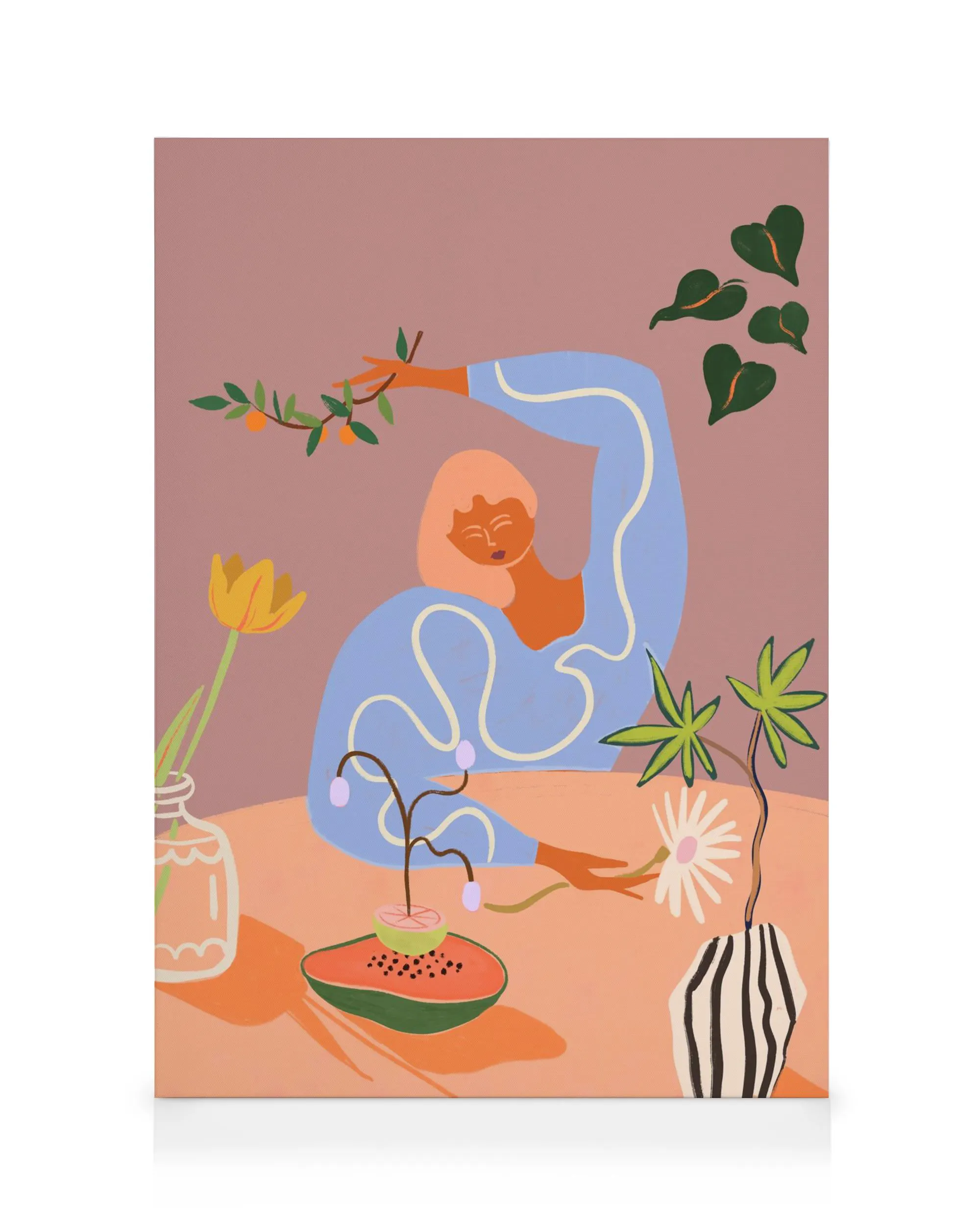 Obraz na plátne: žena s broskyňovými vlasmi v modrom svetri, s citrusovými vetvičkami a rastlinami. Ilustrácia záhradníctva.