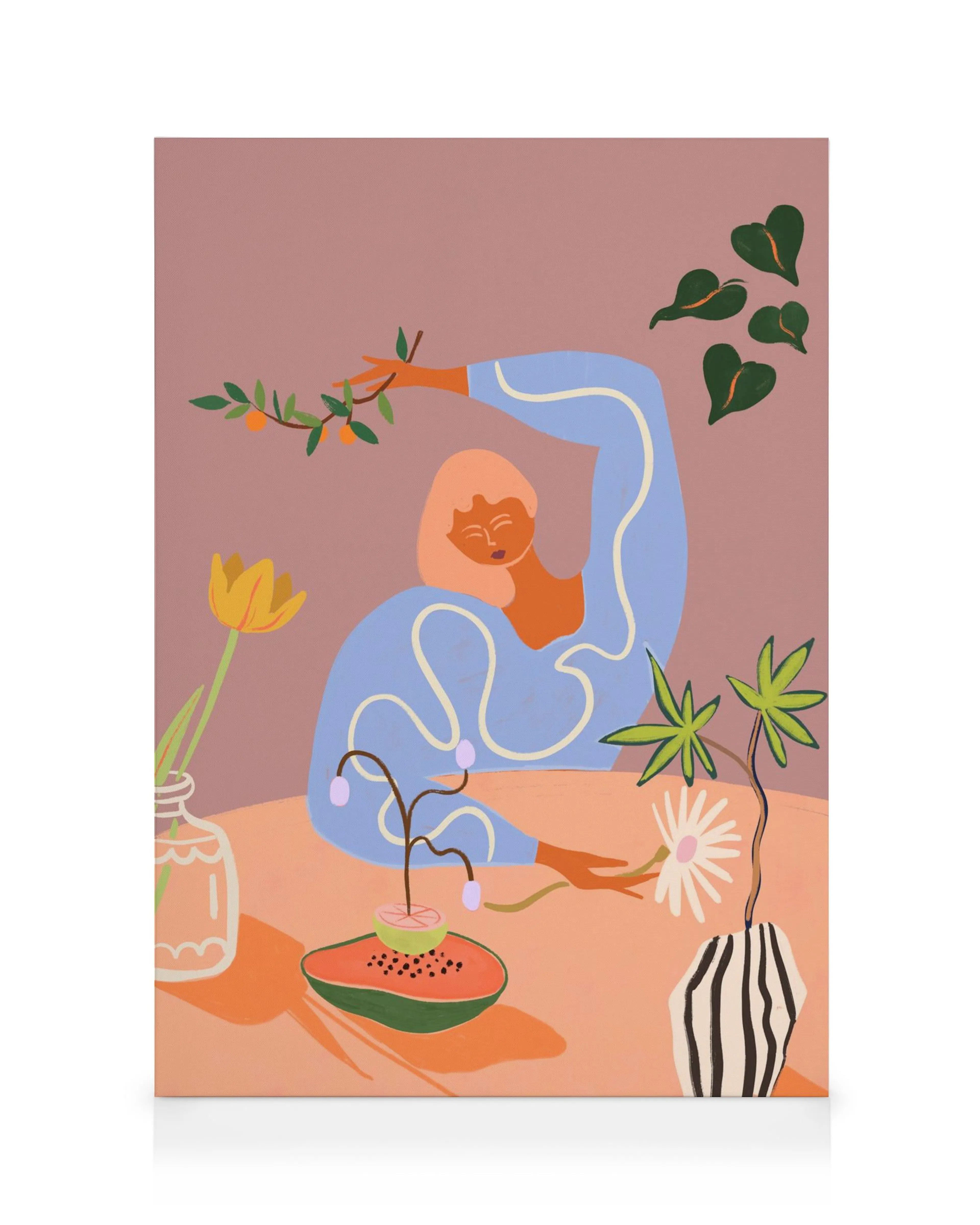 Obraz na plátne: žena s broskyňovými vlasmi v modrom svetri, s citrusovými vetvičkami a rastlinami. Ilustrácia záhradníctva.