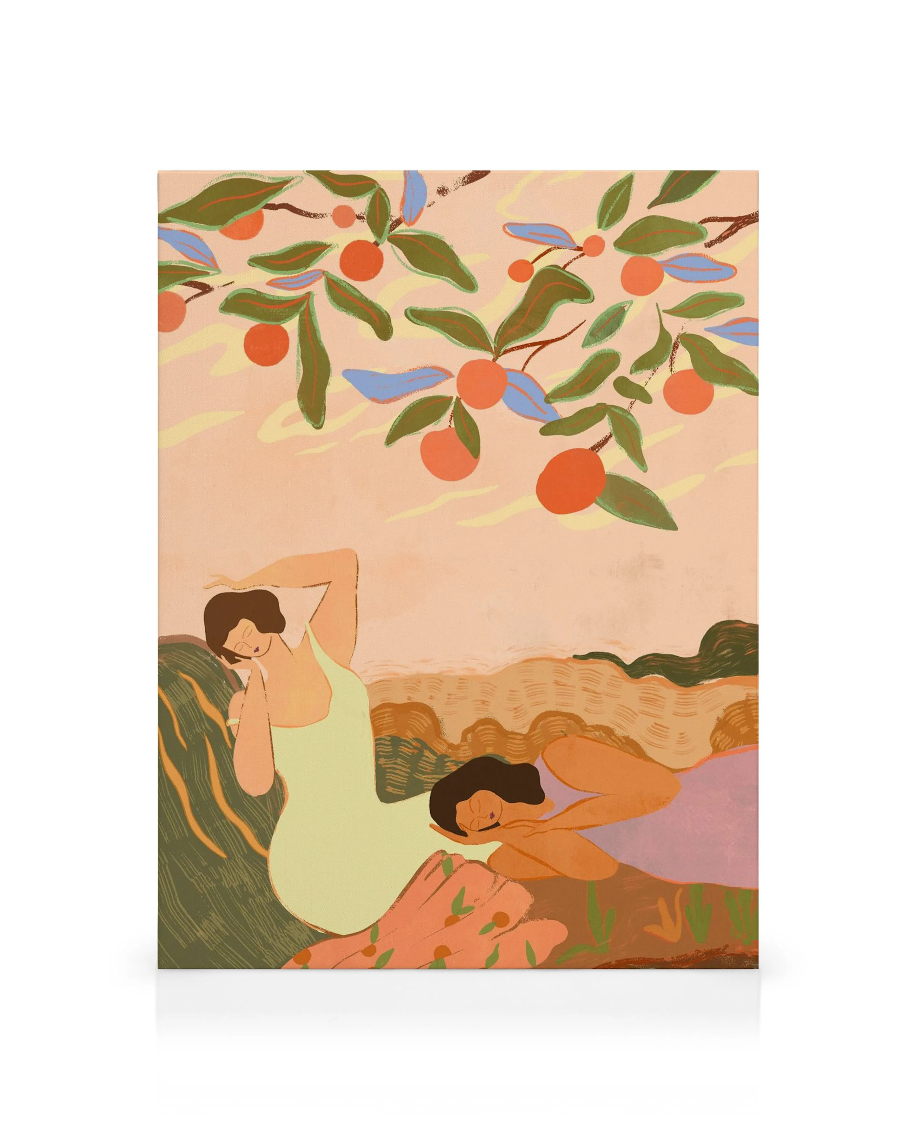 Καμβάς Arty Guava με δύο γυναίκες να κοιμούνται κάτω από πορτοκαλιές, με ήρεμα χρώματα.