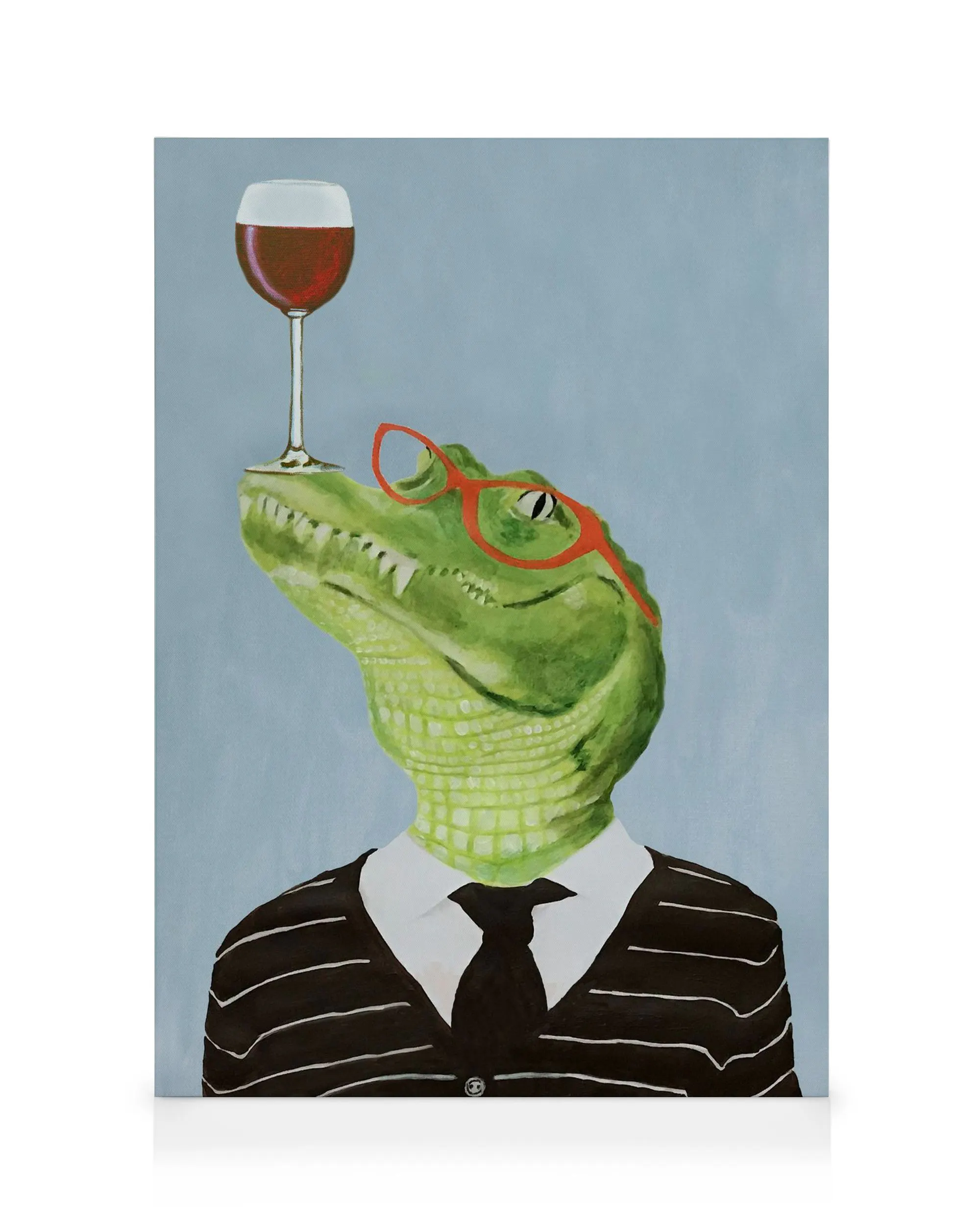 Canvas print of a green alligator wearing red glasses, a striped shirt, a black tie, and balancing a wine glass.