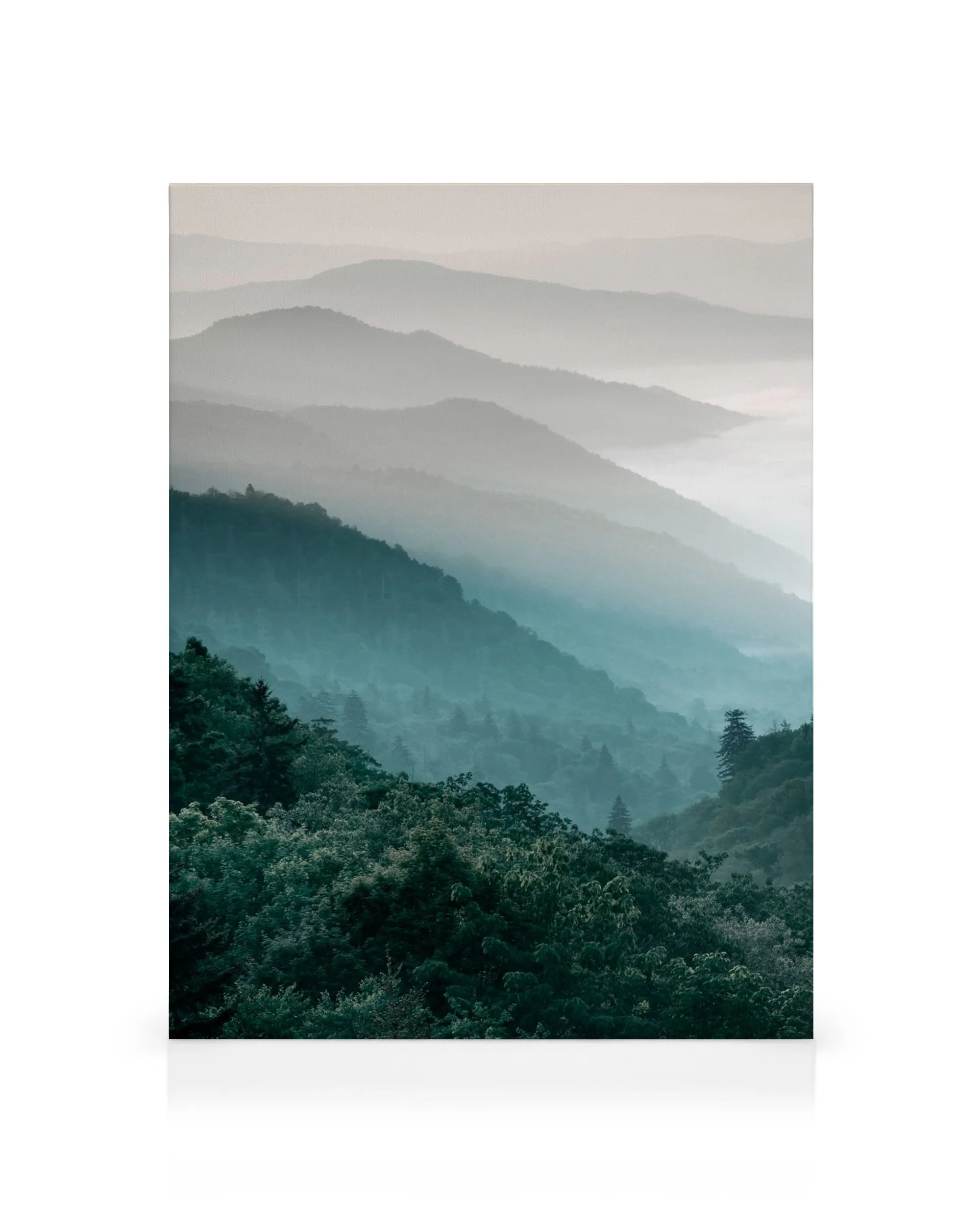 Mountain landscape canvas print with lush green forests, misty fog, and serene nature views.
