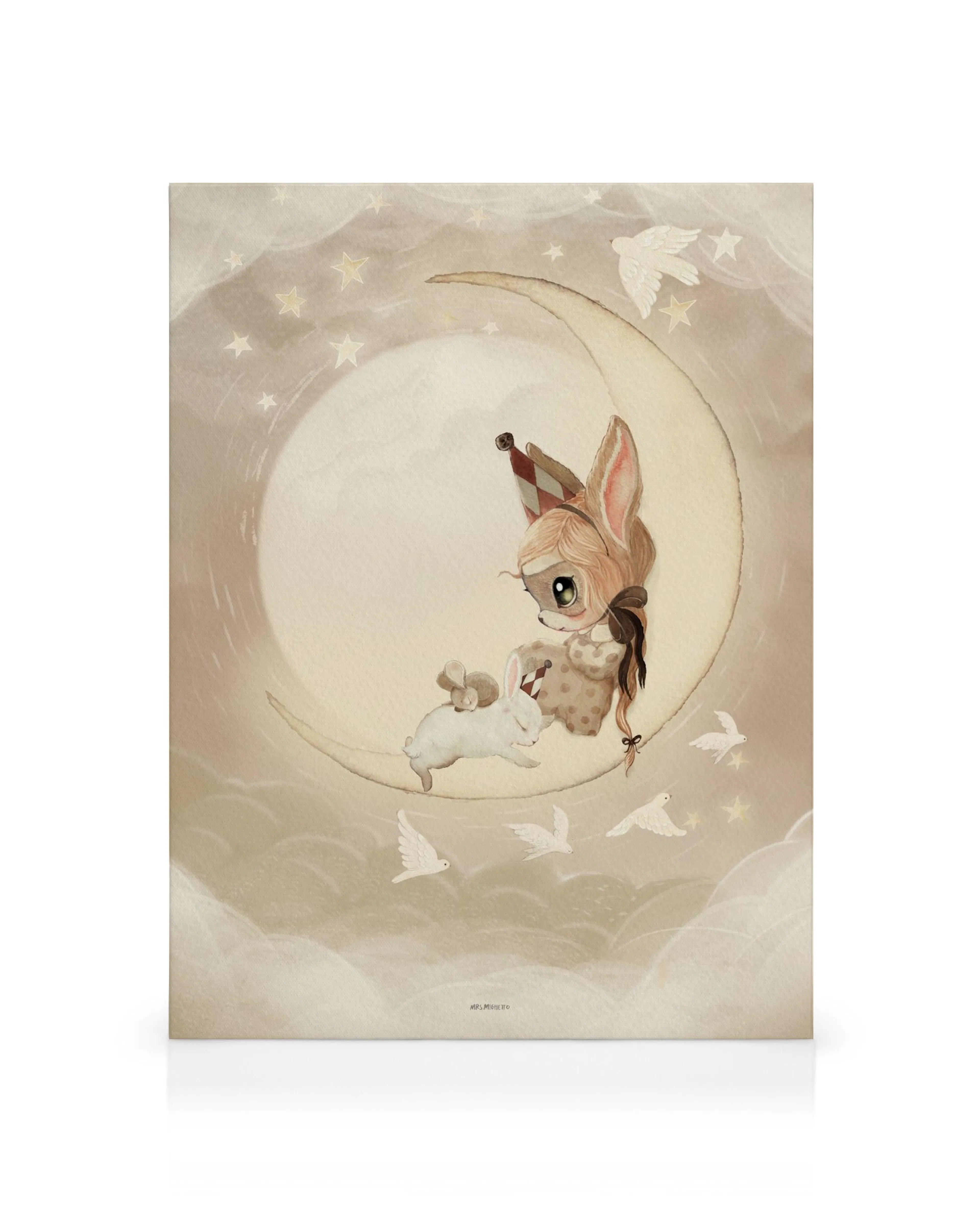 Canvas met bruin-wit hertje, veerentooi, zittend op de maan. Beige lucht, wolken, vogels, gele sterren.