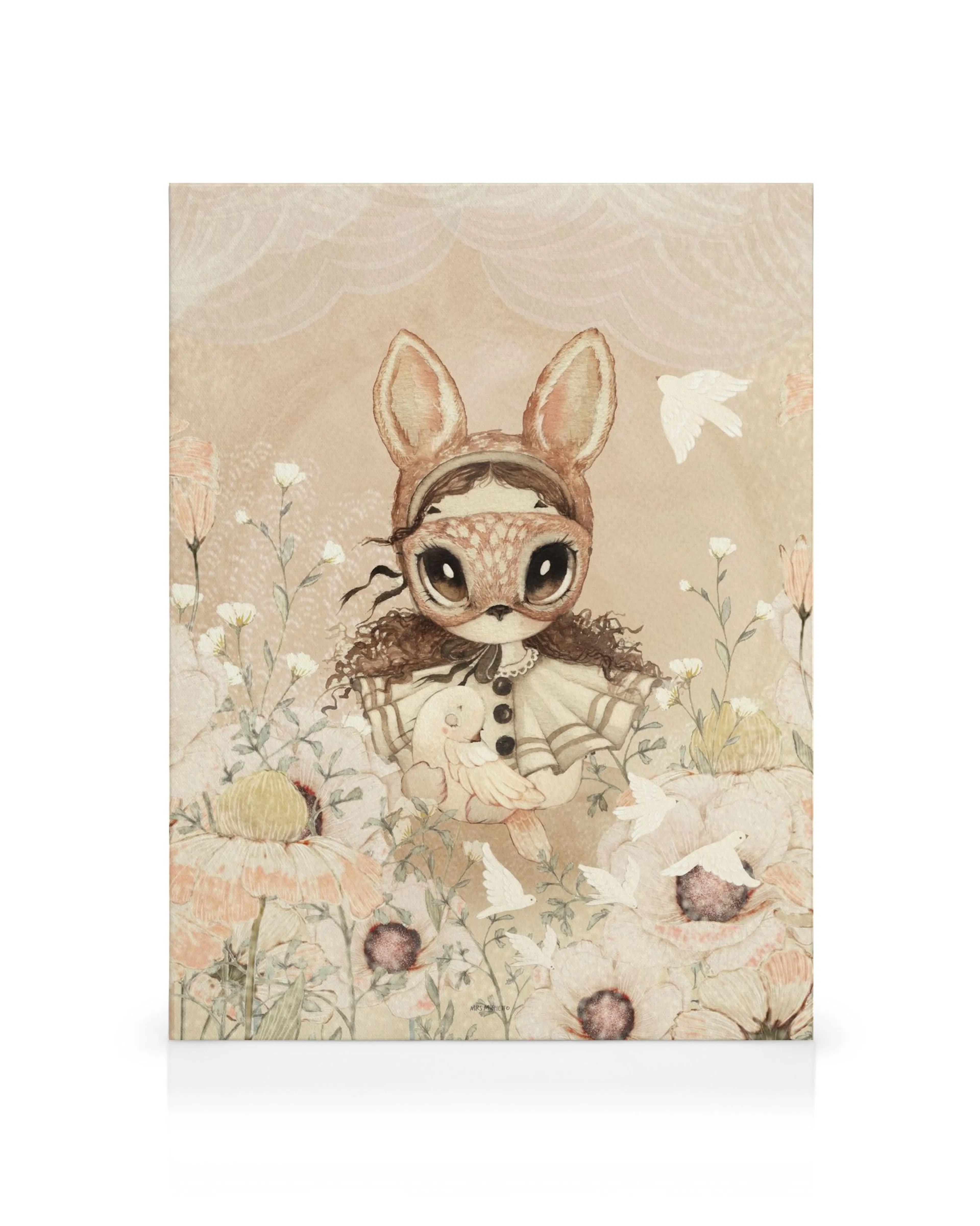 Canvas print of Miss Freja, a whimsical character illustration with a deer mask in a soft floral setting.