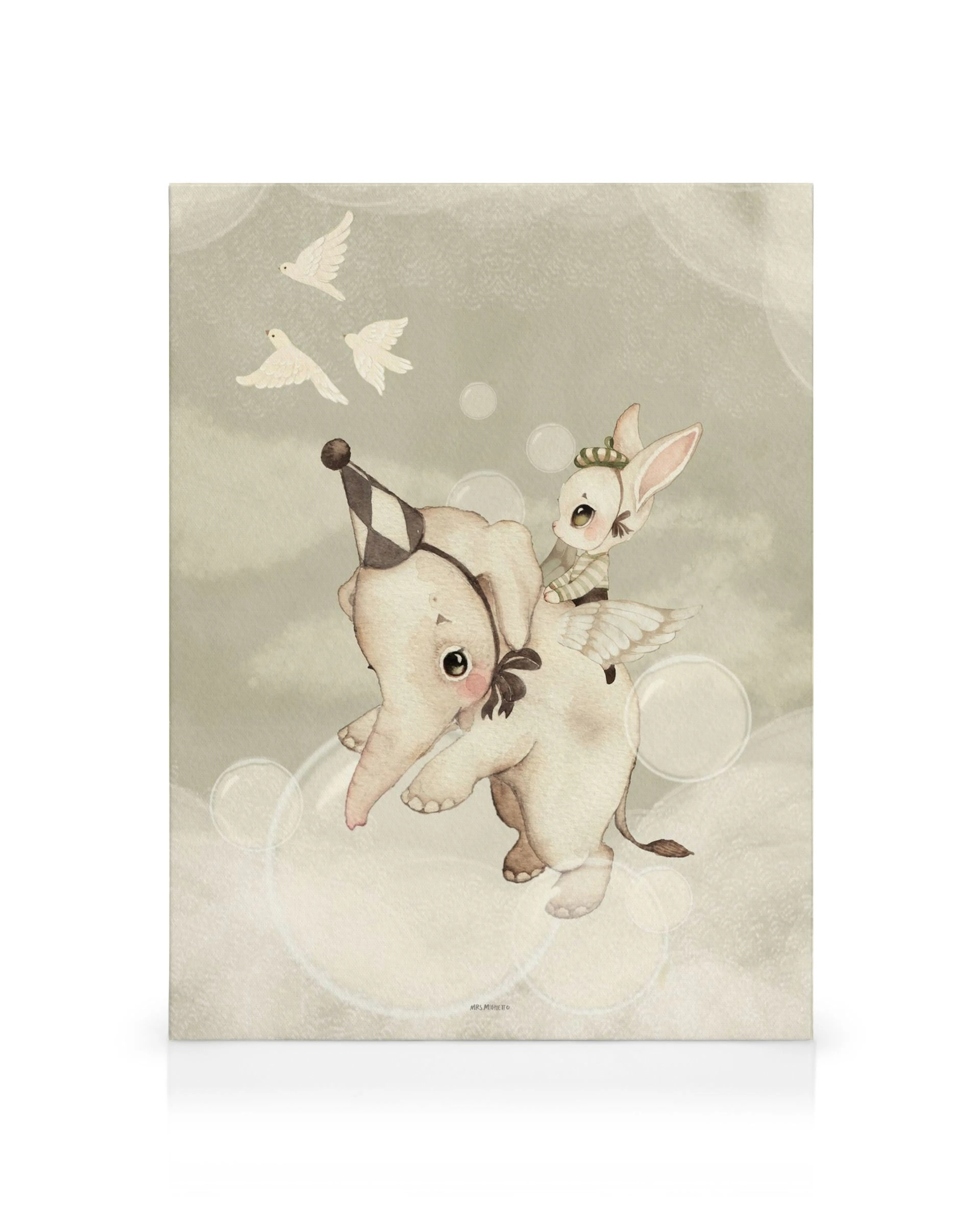 Canvas art with cute elephant wearing a party hat and a bunny with wings riding on its back, flying among white doves and bubble