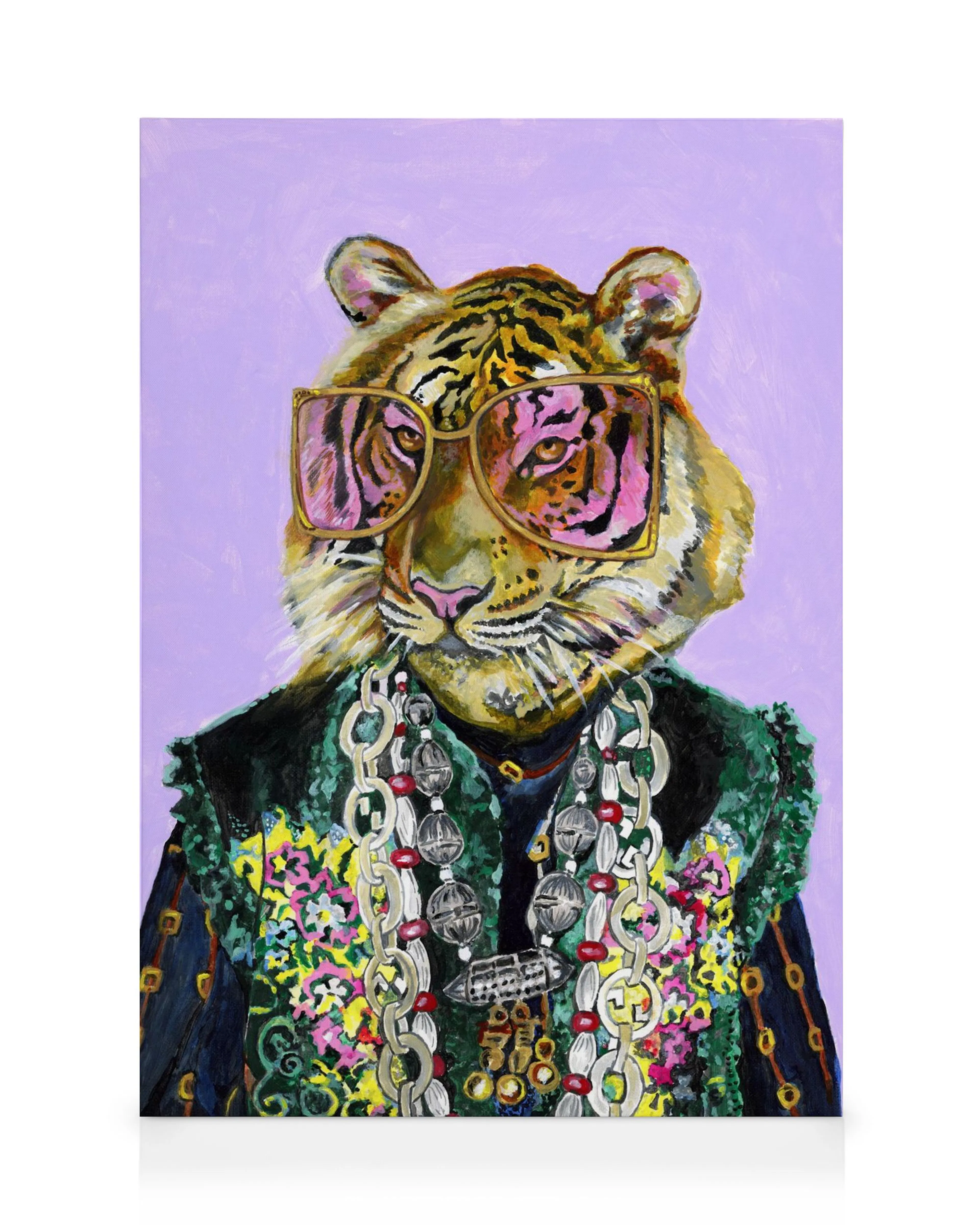Artsy Bengal tiger canvas print with pink sunglasses, colorful patterns, and silver chains.