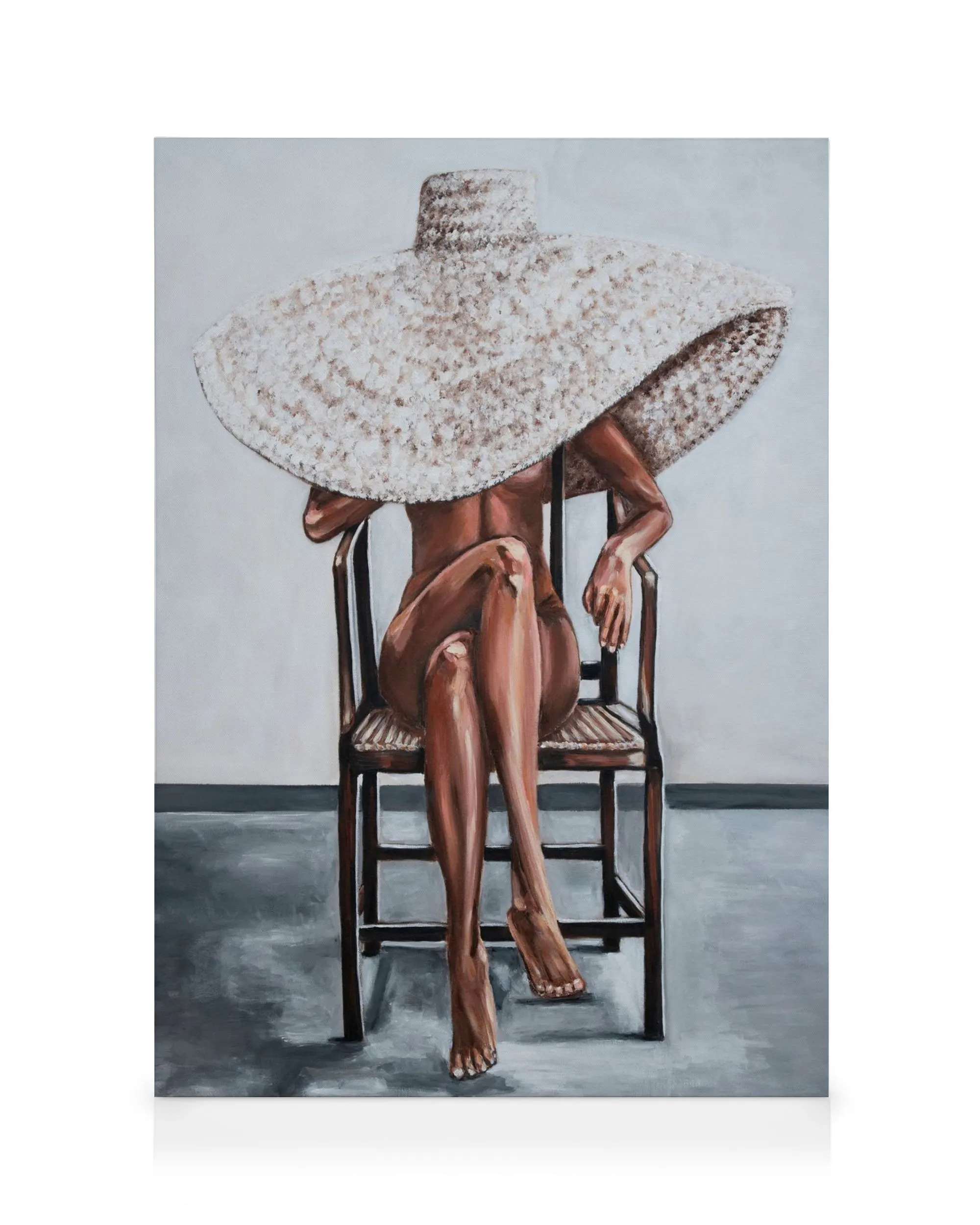 Nude woman in a large straw hat sitting on a wooden chair, modern canvas print