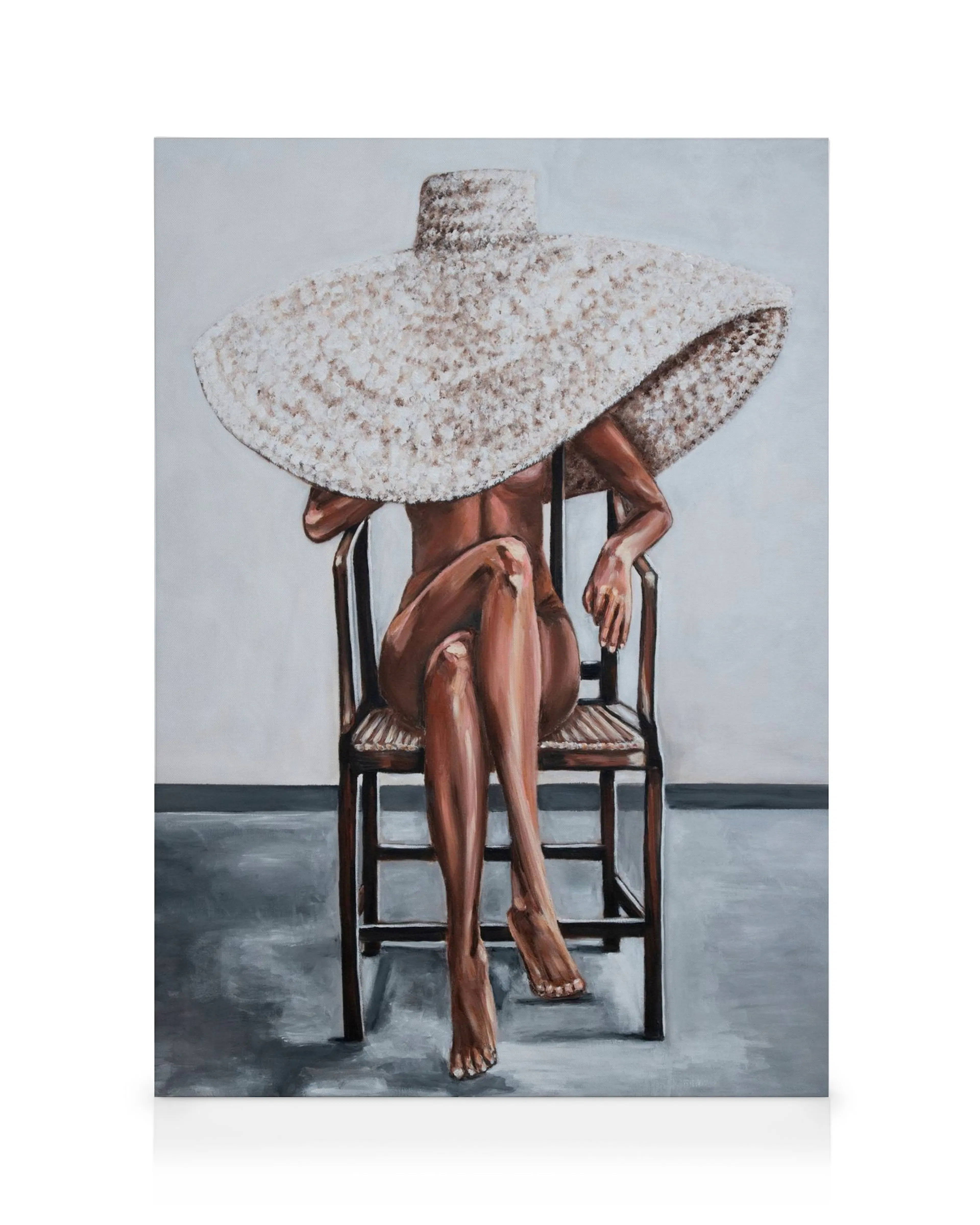 Nude woman in a large straw hat sitting on a wooden chair, modern canvas print