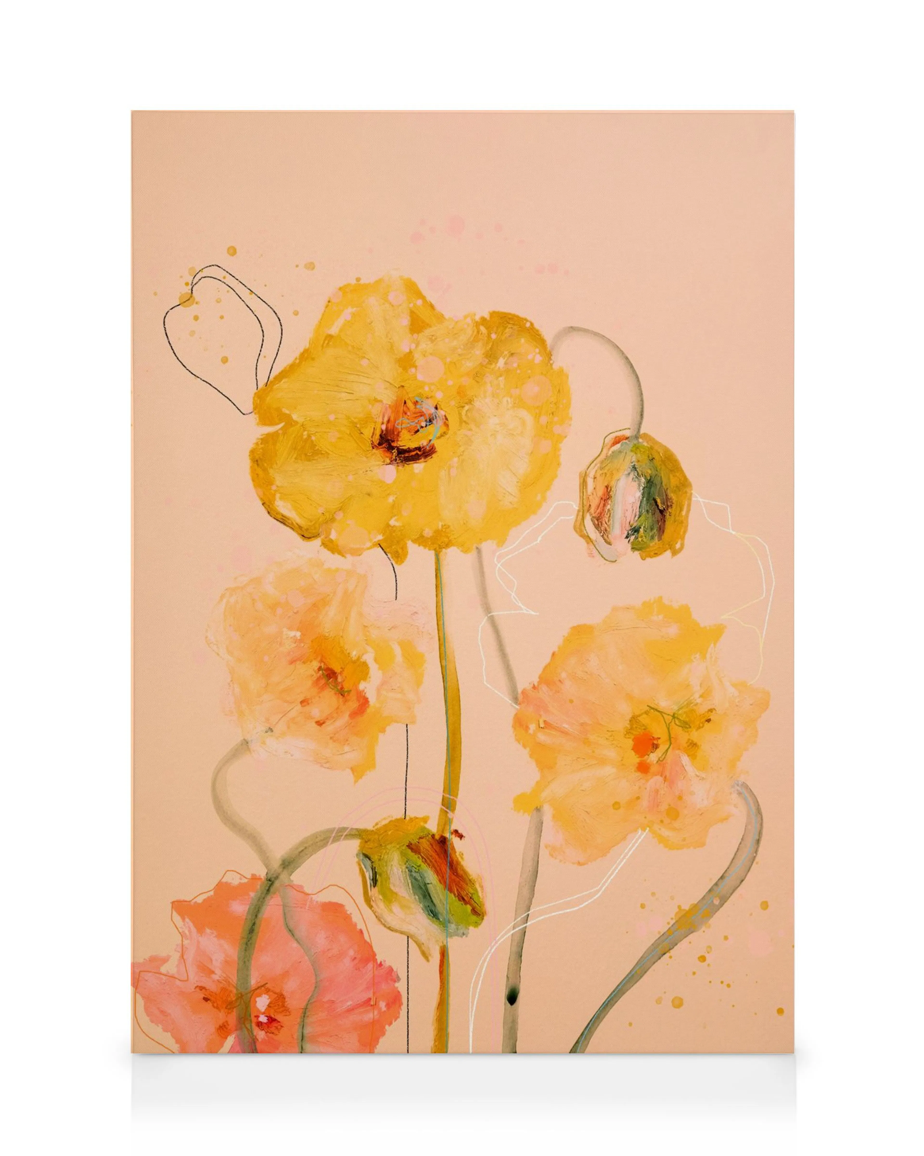 Poppy Peach canvas art with orange and yellow flowers, green stems, outlined petals, and paint drips on a pale background.