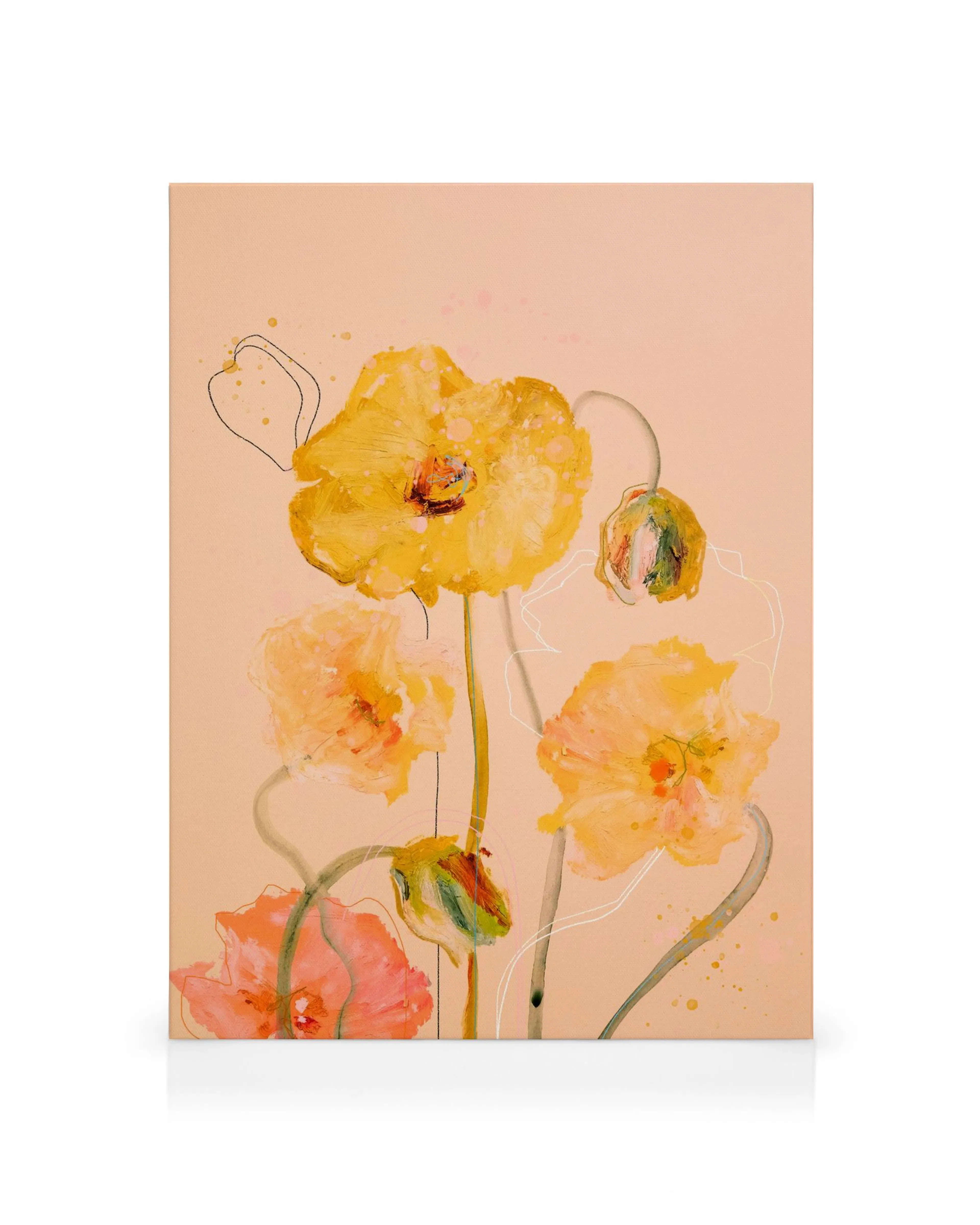 Poppy Peach canvas art with orange and yellow flowers, green stems, outlined petals, and paint drips on a pale background.