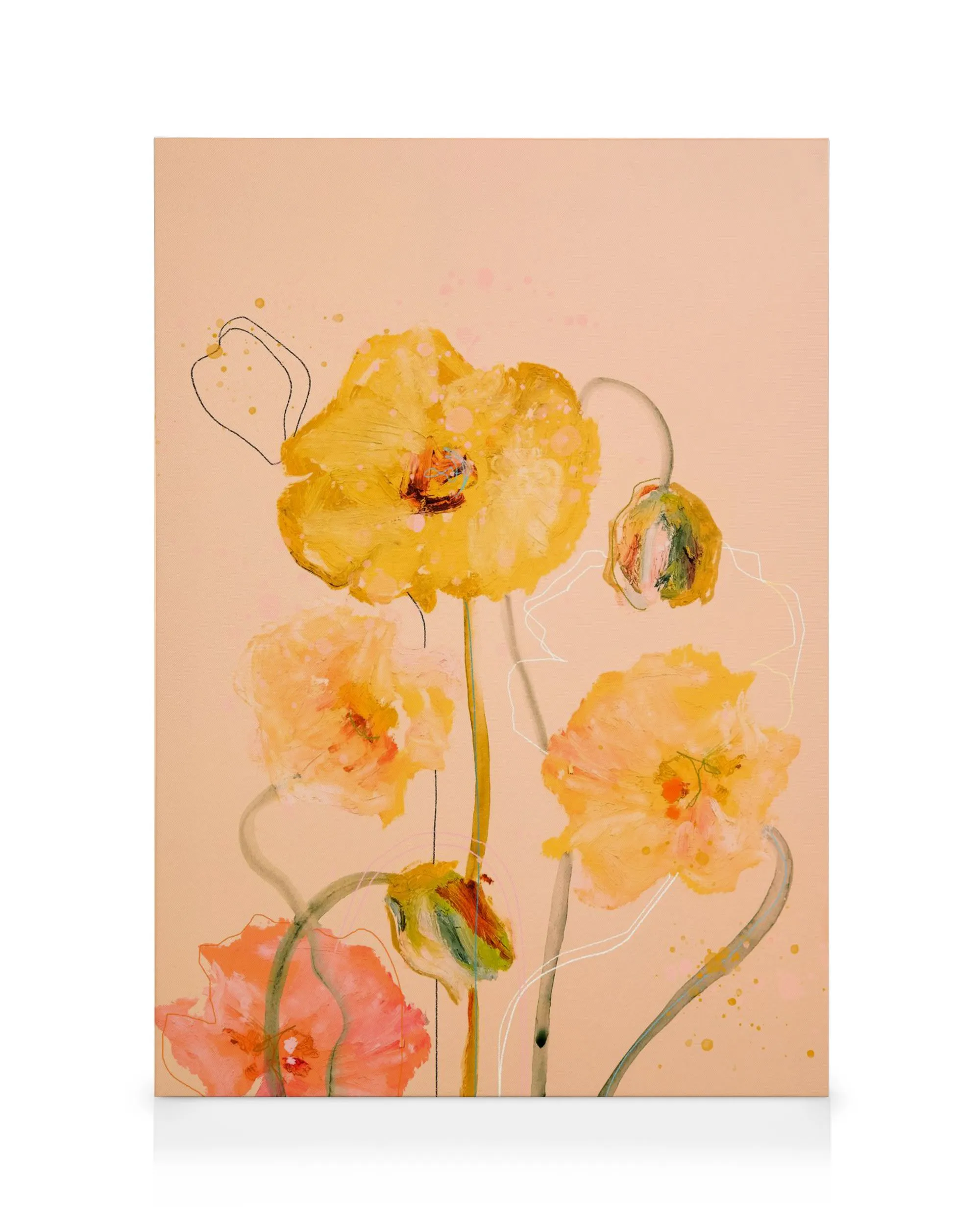 Abstract poppy floral canvas print with yellow and orange flowers, paint splatters, and drips on a pale background.