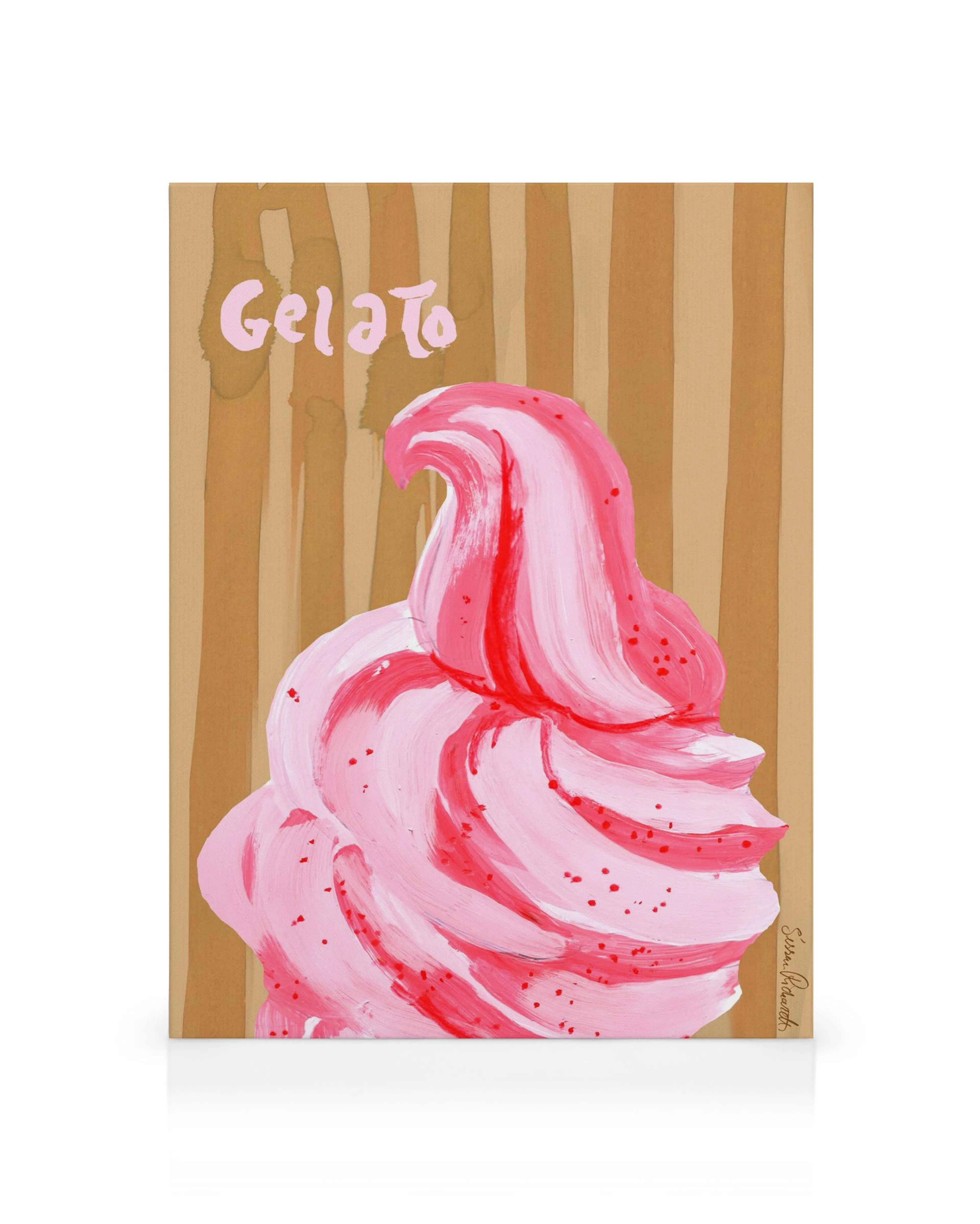 A canvas print featuring a vibrant pink gelato swirl with red sprinkles on a striped brown background, with the word Gelato.