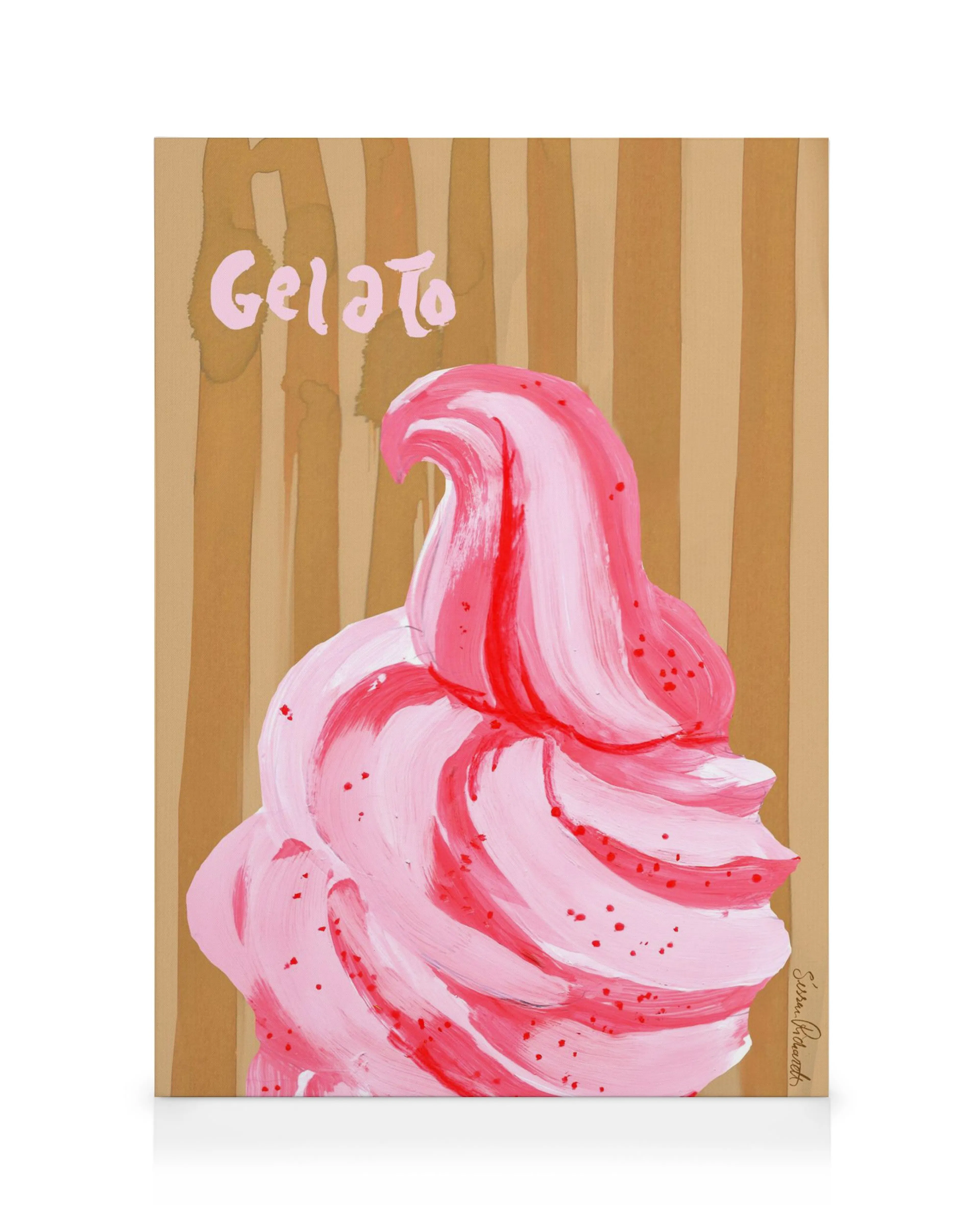 Obraz na płótnie przedstawiający różowe lody z posypką na brązowo-beżowym tle w paski, z napisem Gelato.