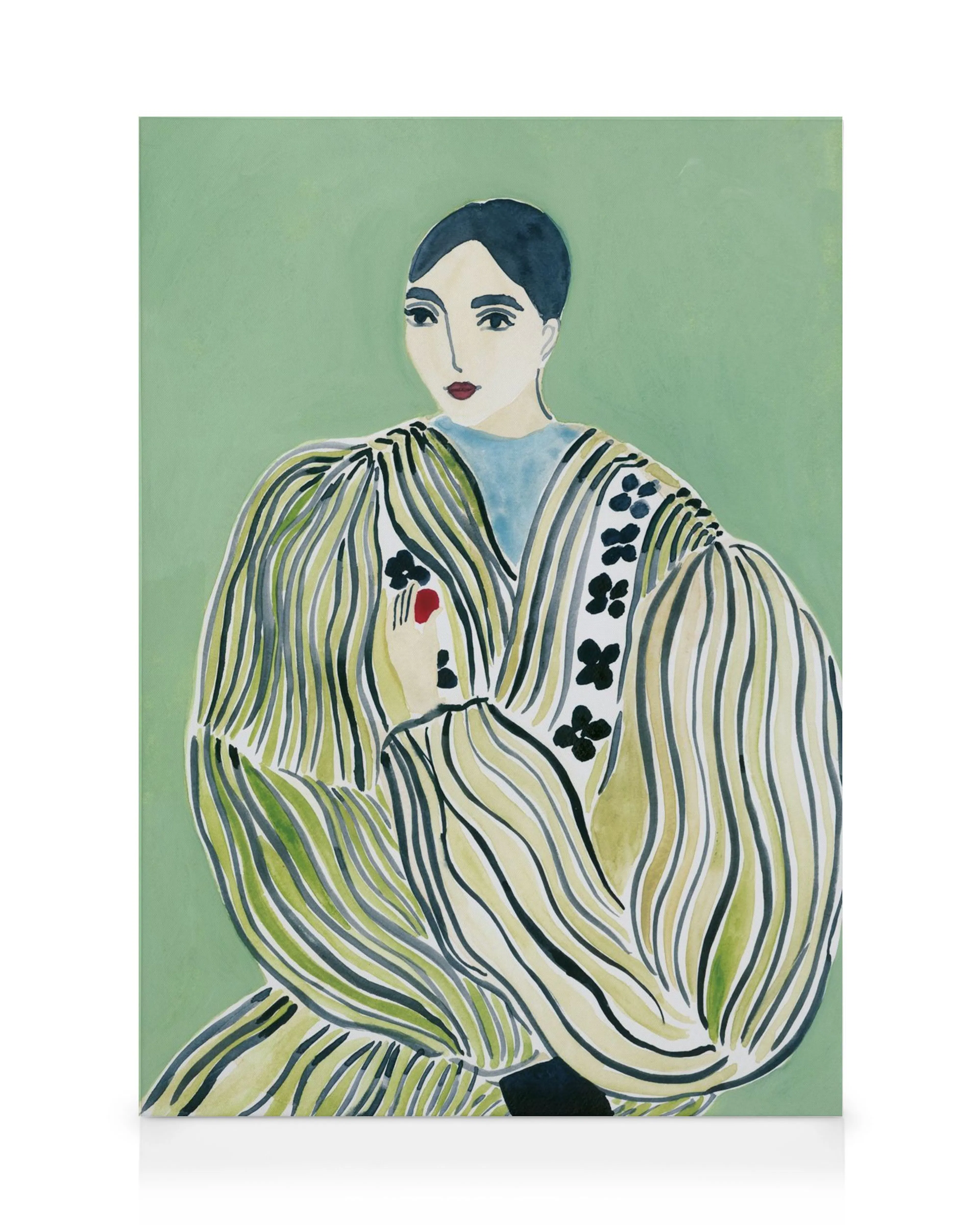 Toile dune femme en robe rayée verte et jaune, avec des détails floraux noirs, sur fond vert clair.