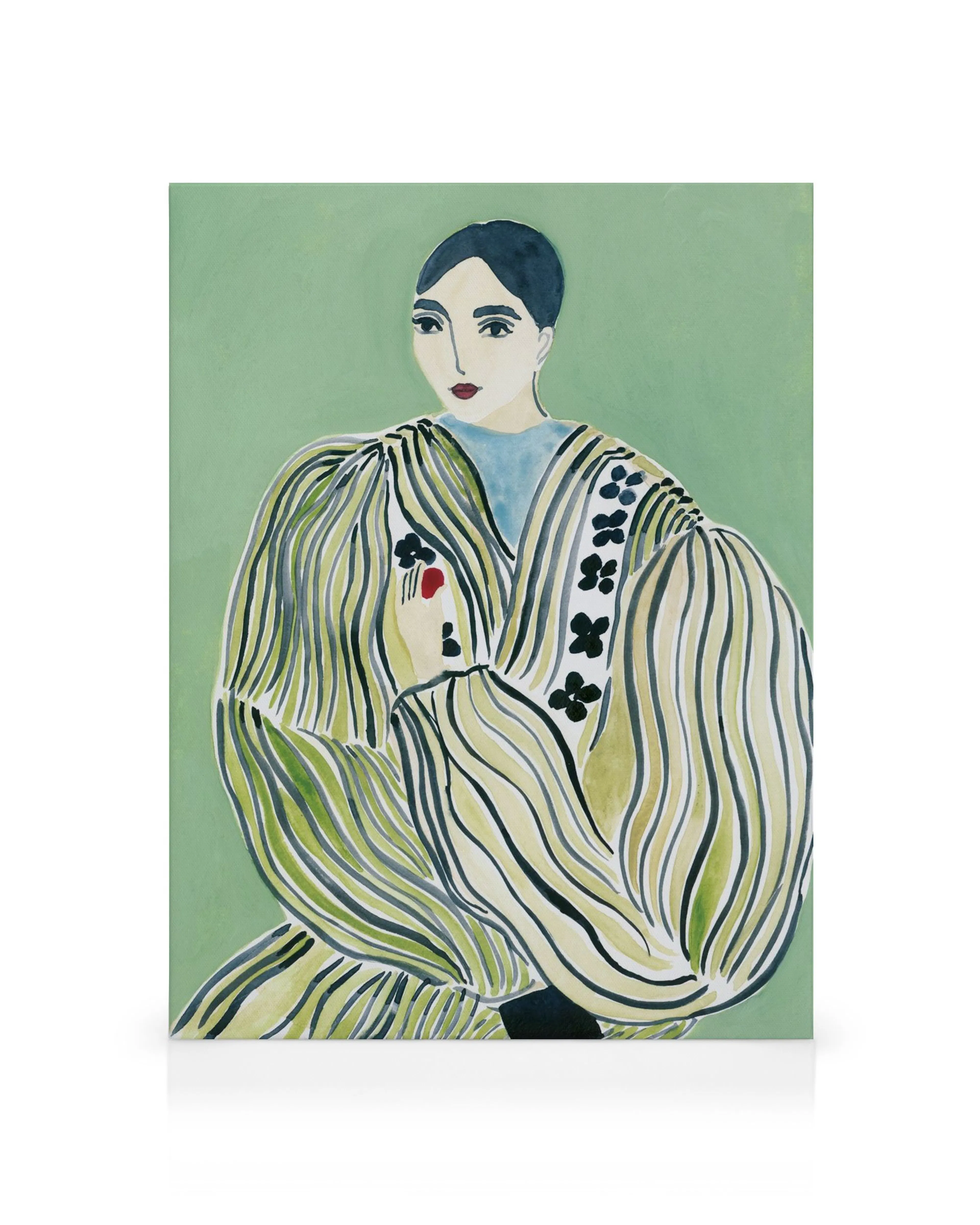 A canvas print featuring a woman in a green and yellow striped dress with black floral patterns, against a light green backgroun
