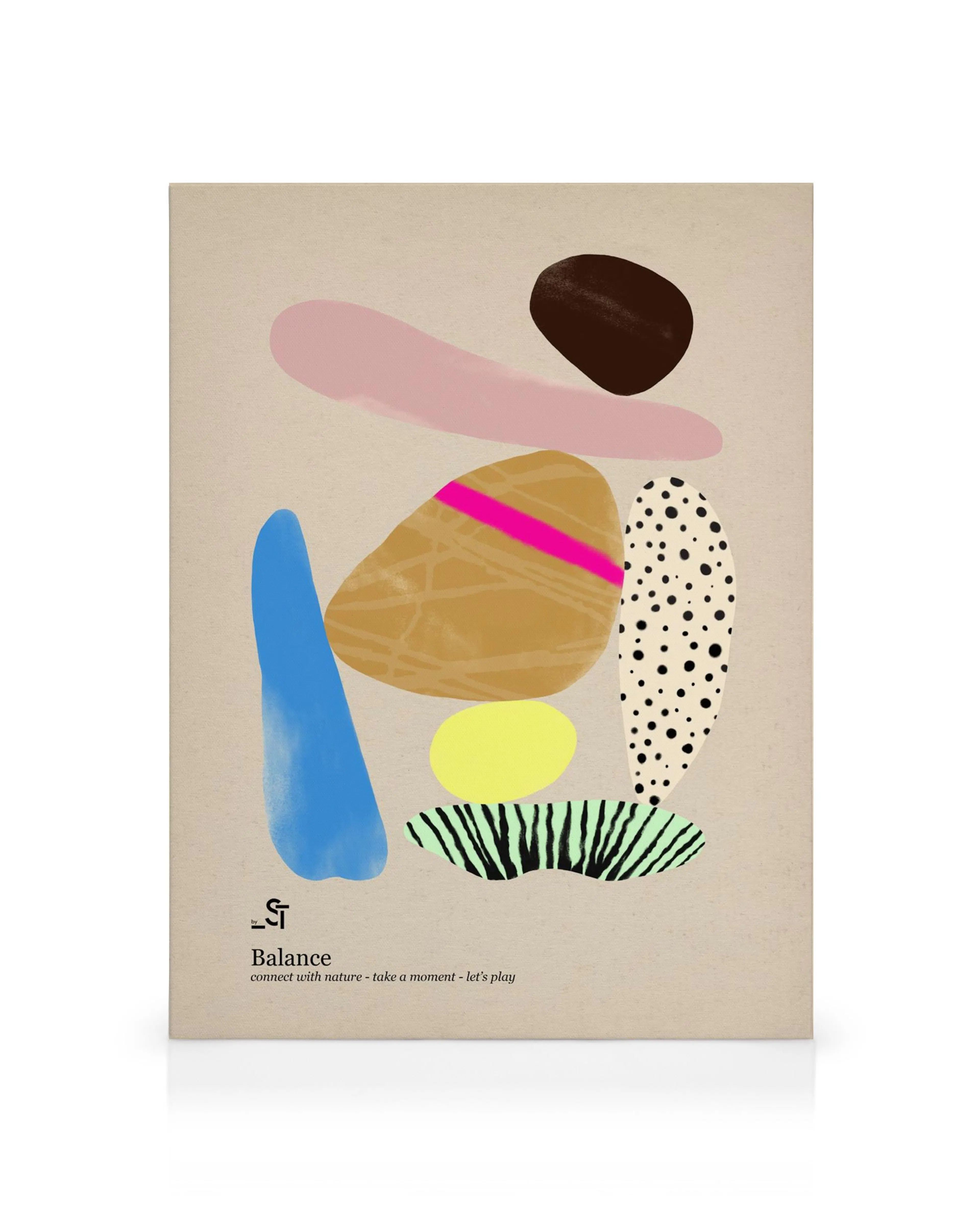 A canvas print featuring a balance of abstract, organic shapes in earthy tones with pop colours and patterns.