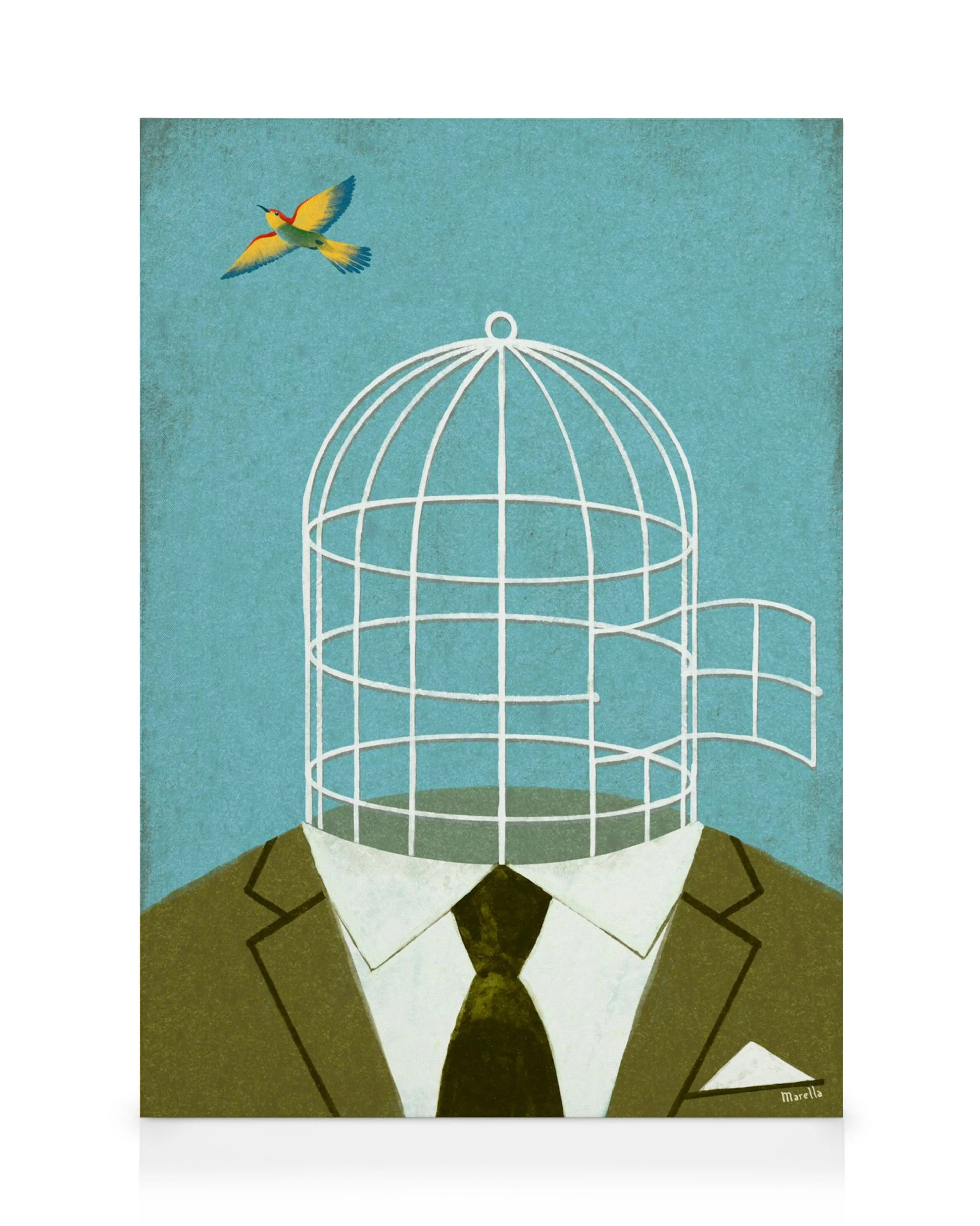 A canvas print featuring a man in a suit with a birdcage for a head and a colorful bird flying free above.