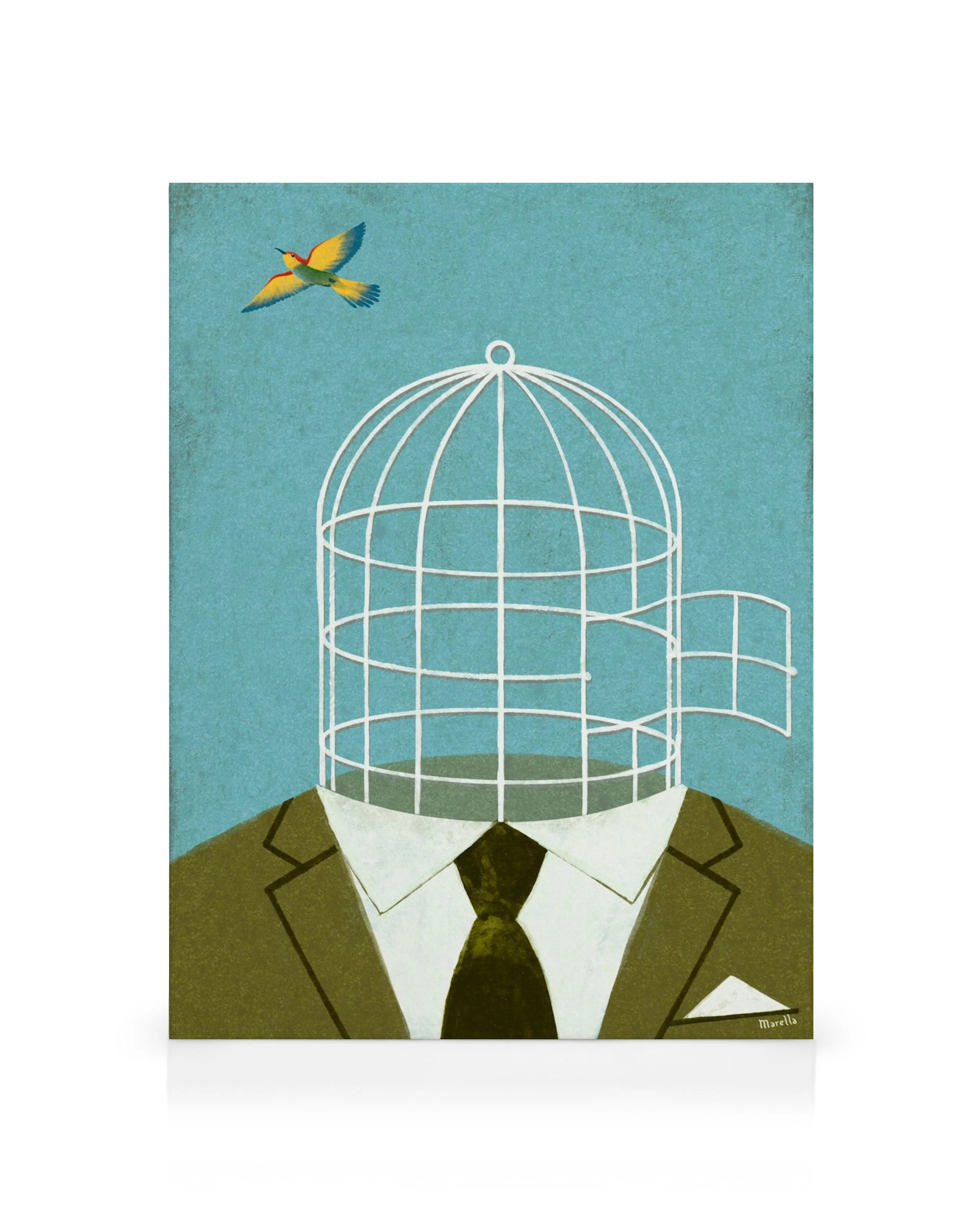 A canvas print featuring a man in a suit with a birdcage for a head and a bird flying away.