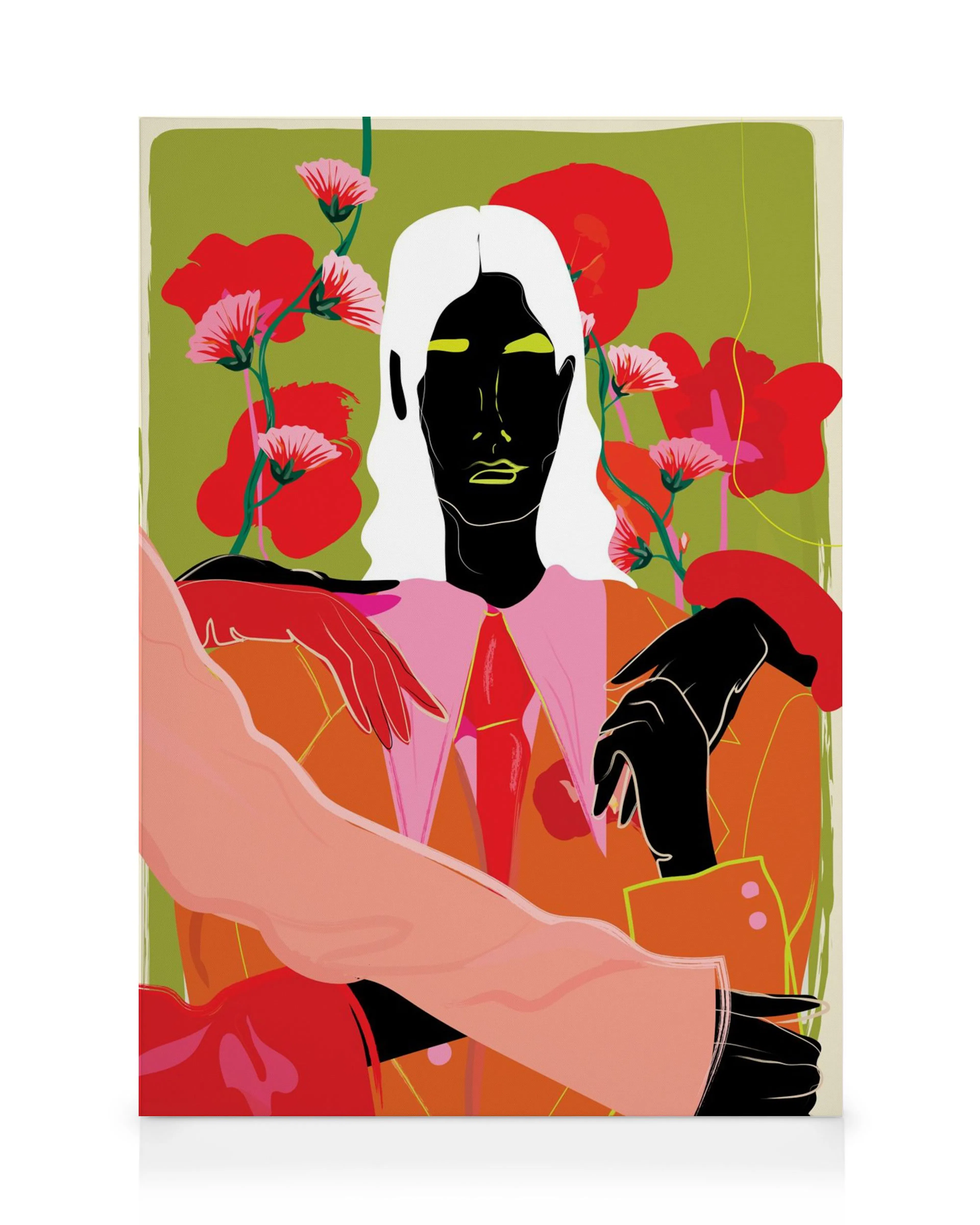 Lienzo de una figura andrógina con cabello blanco y piel oscura, rodeada de flores rojas y rosadas sobre un fondo verde.
