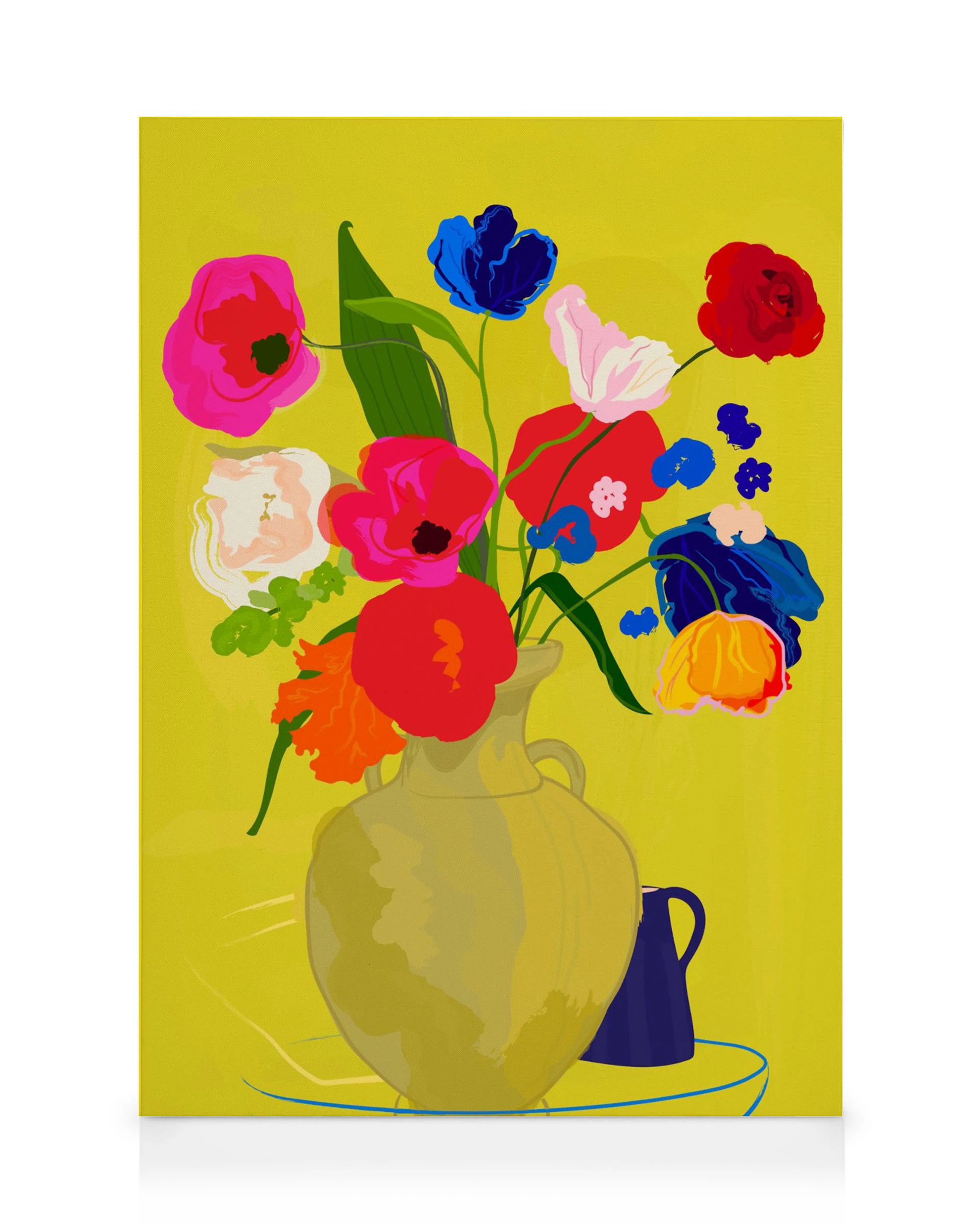 Leinwandbild mit einem farbenfrohen Blumenstrauß in einer Vase auf gelbem Hintergrund.