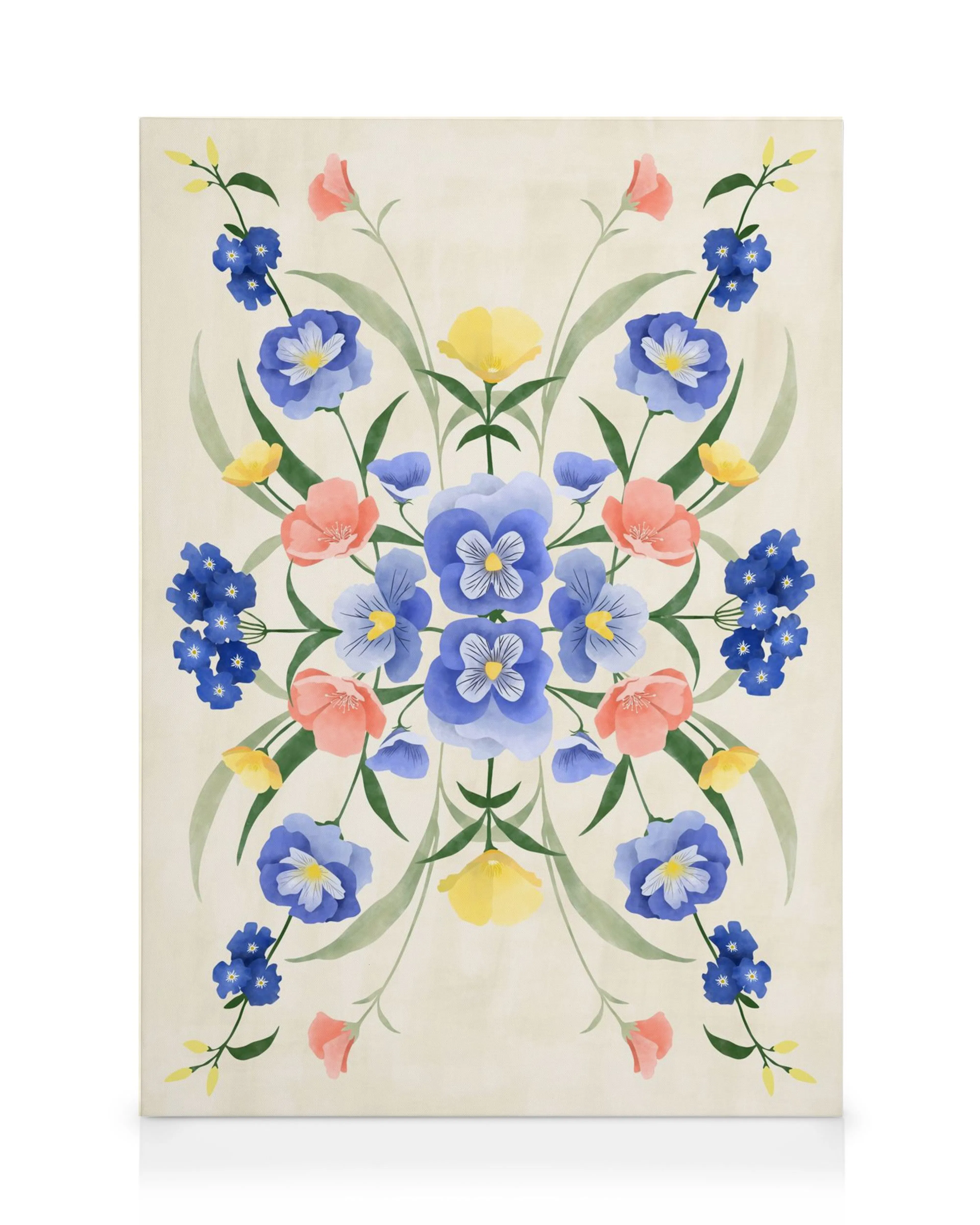 Canvas met symmetrisch bloemenpatroon van paarse, blauwe, roze en gele bloemen op een lichte achtergrond.