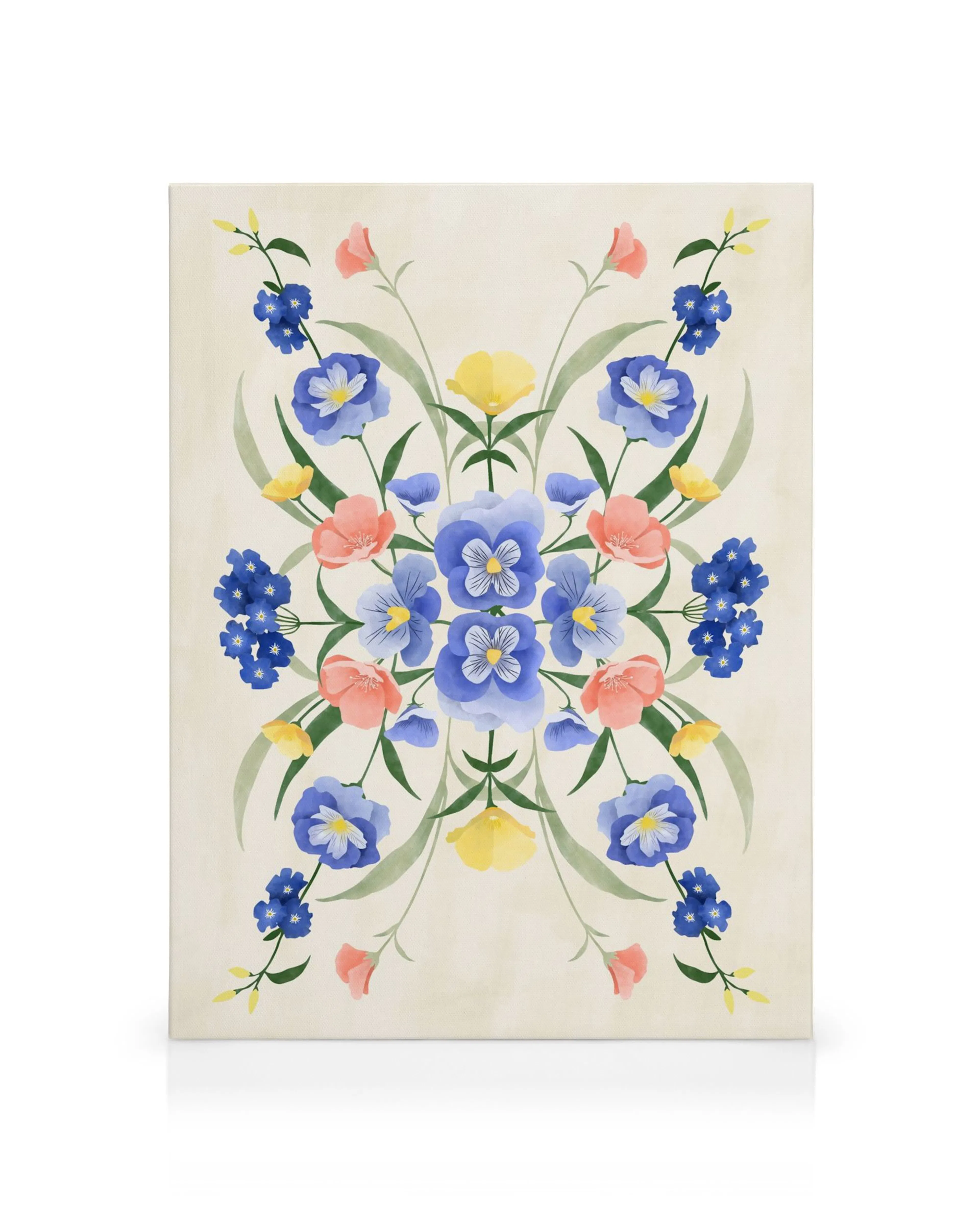 A canvas print with a symmetrical floral design featuring blue pansies, pink poppies, yellow buttercups, and green leaves on a c