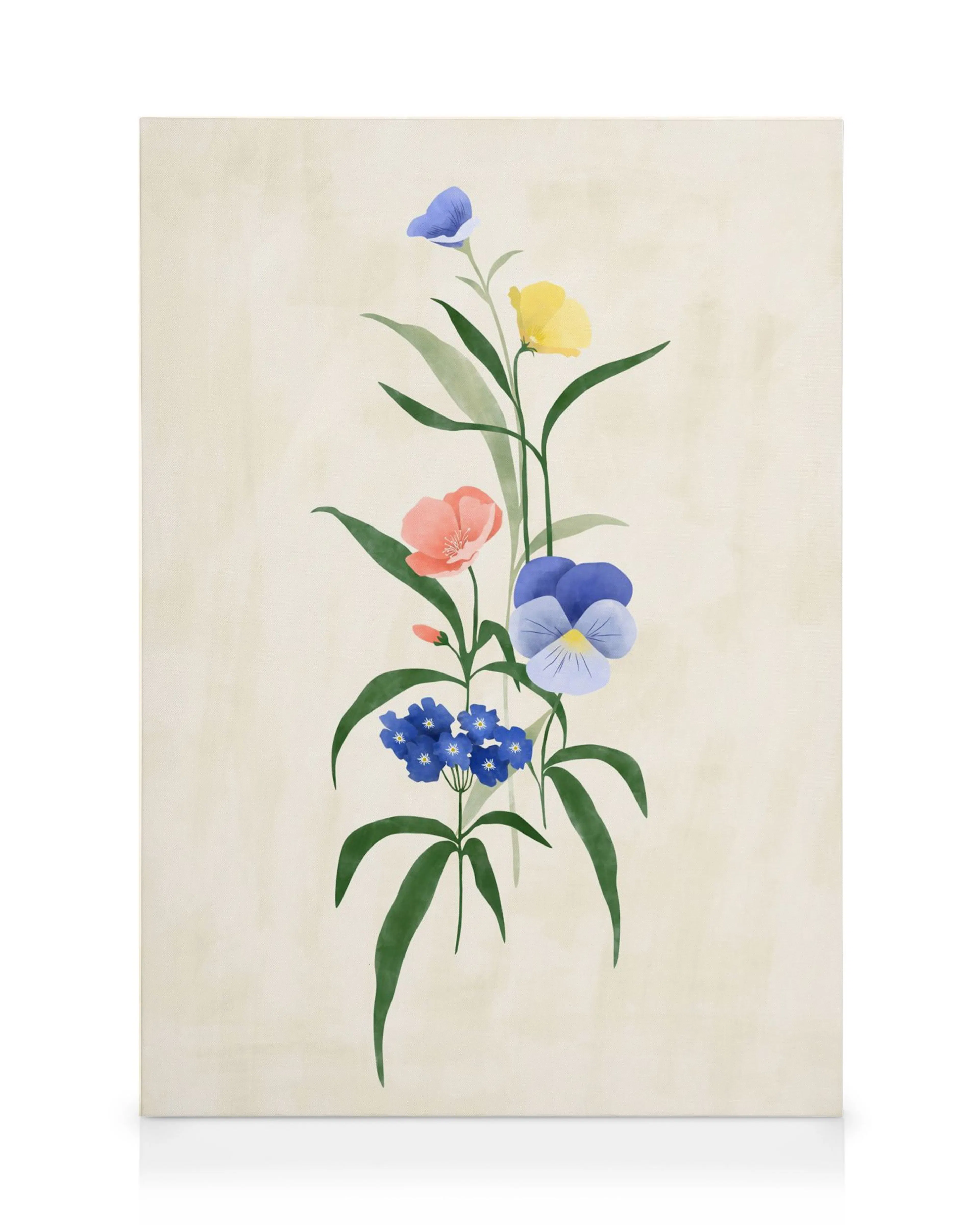 A canvas print featuring a vibrant floral arrangement with blue, yellow, and peach flowers on a cream background.