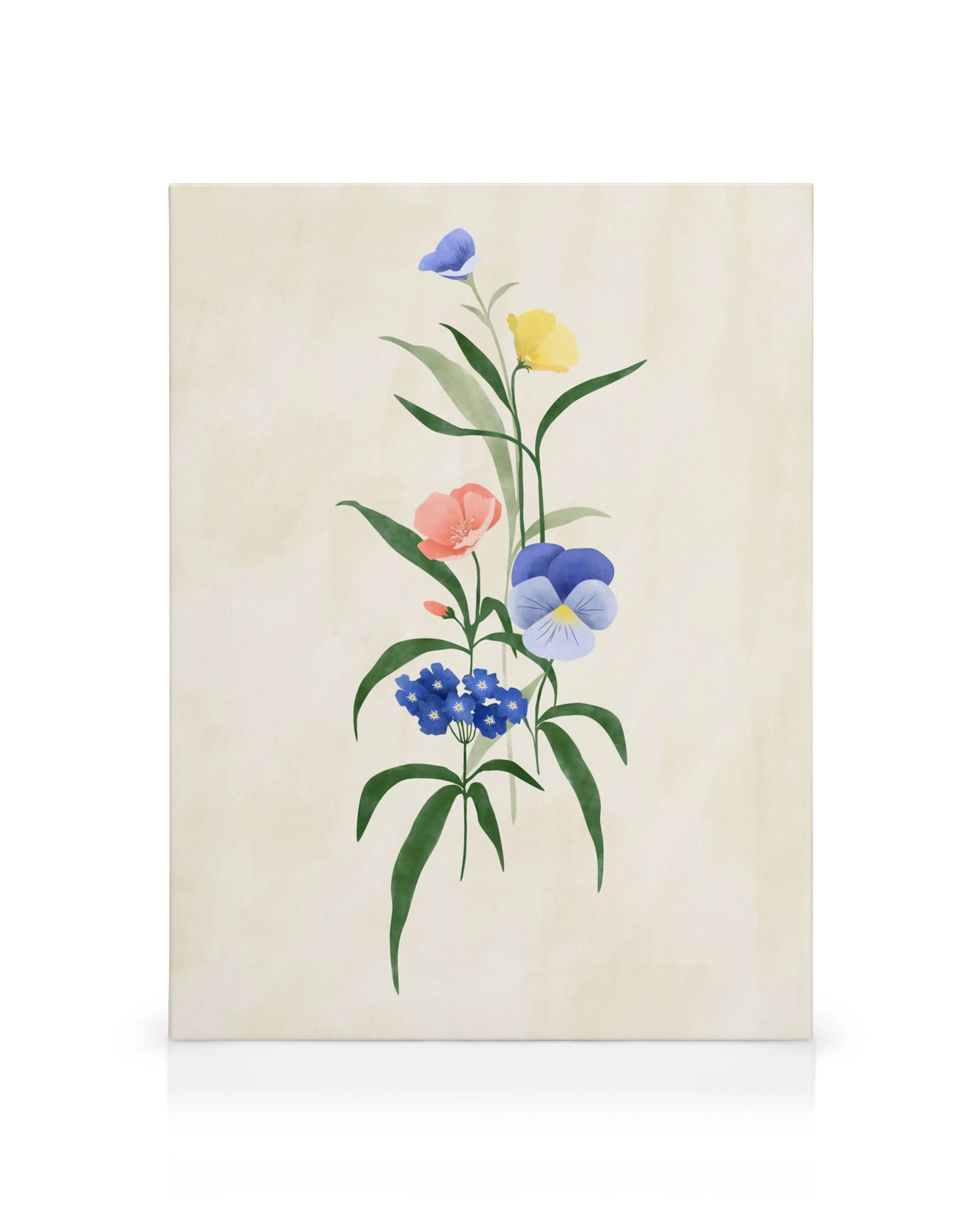 A canvas print featuring a vibrant floral arrangement with blue, yellow, and pink flowers and green leaves on a light background