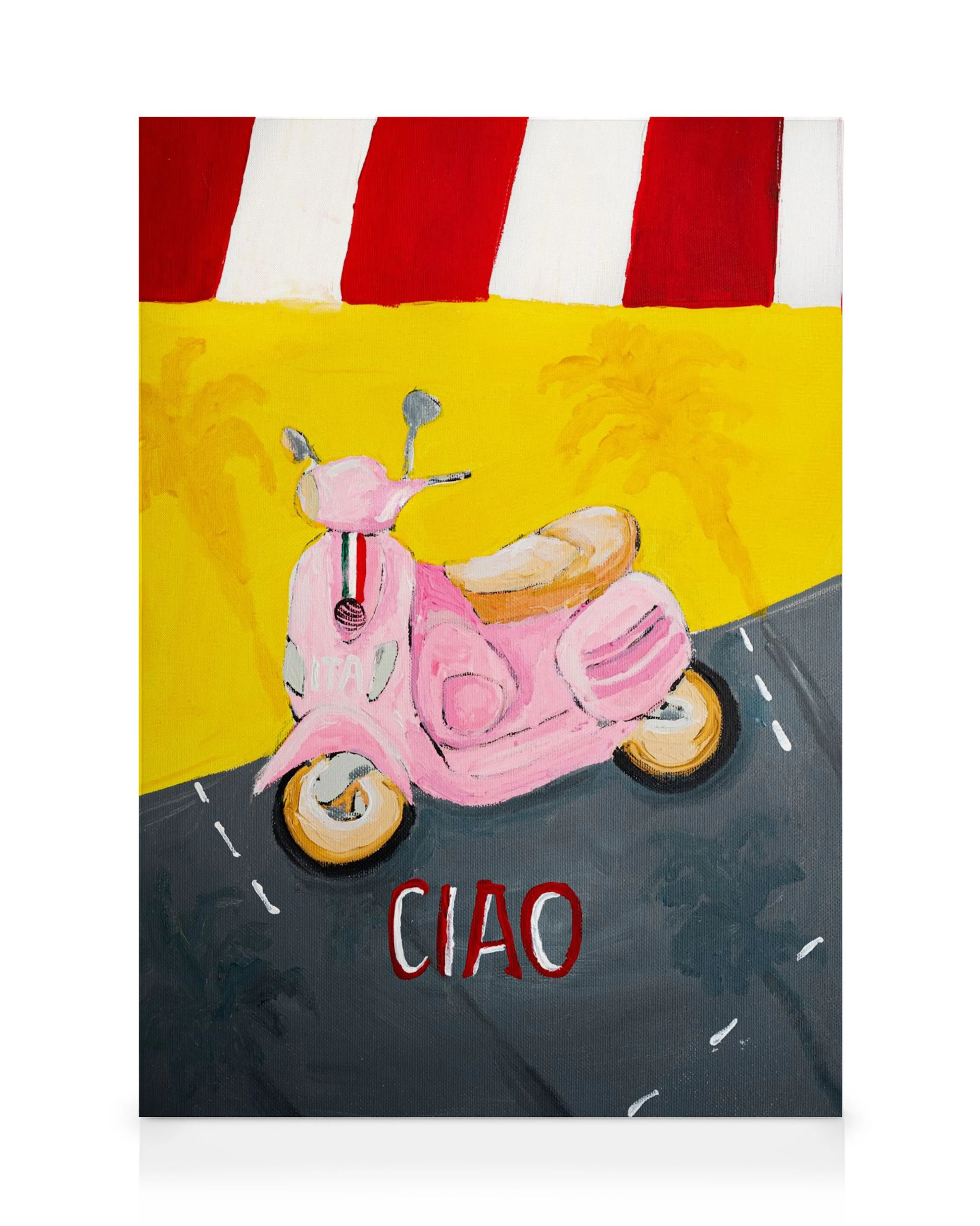 Stampa su tela con Vespa rosa sotto un tendone a strisce rosse e bianche, la scritta CIAO in rosso su strada.