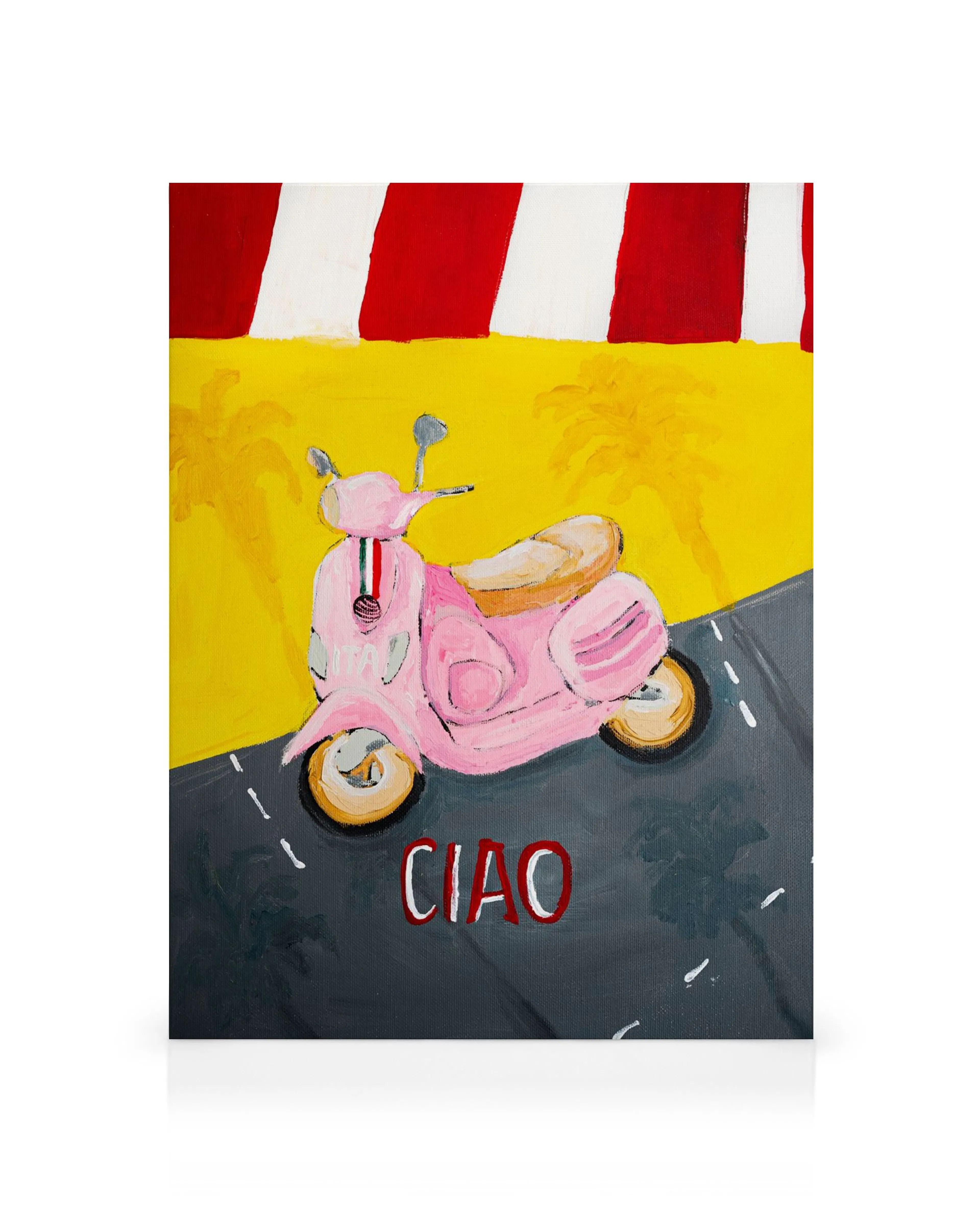 Stampa su tela di una Vespa rosa con la scritta CIAO su uno sfondo giallo con palme e strisce rosse e bianche.
