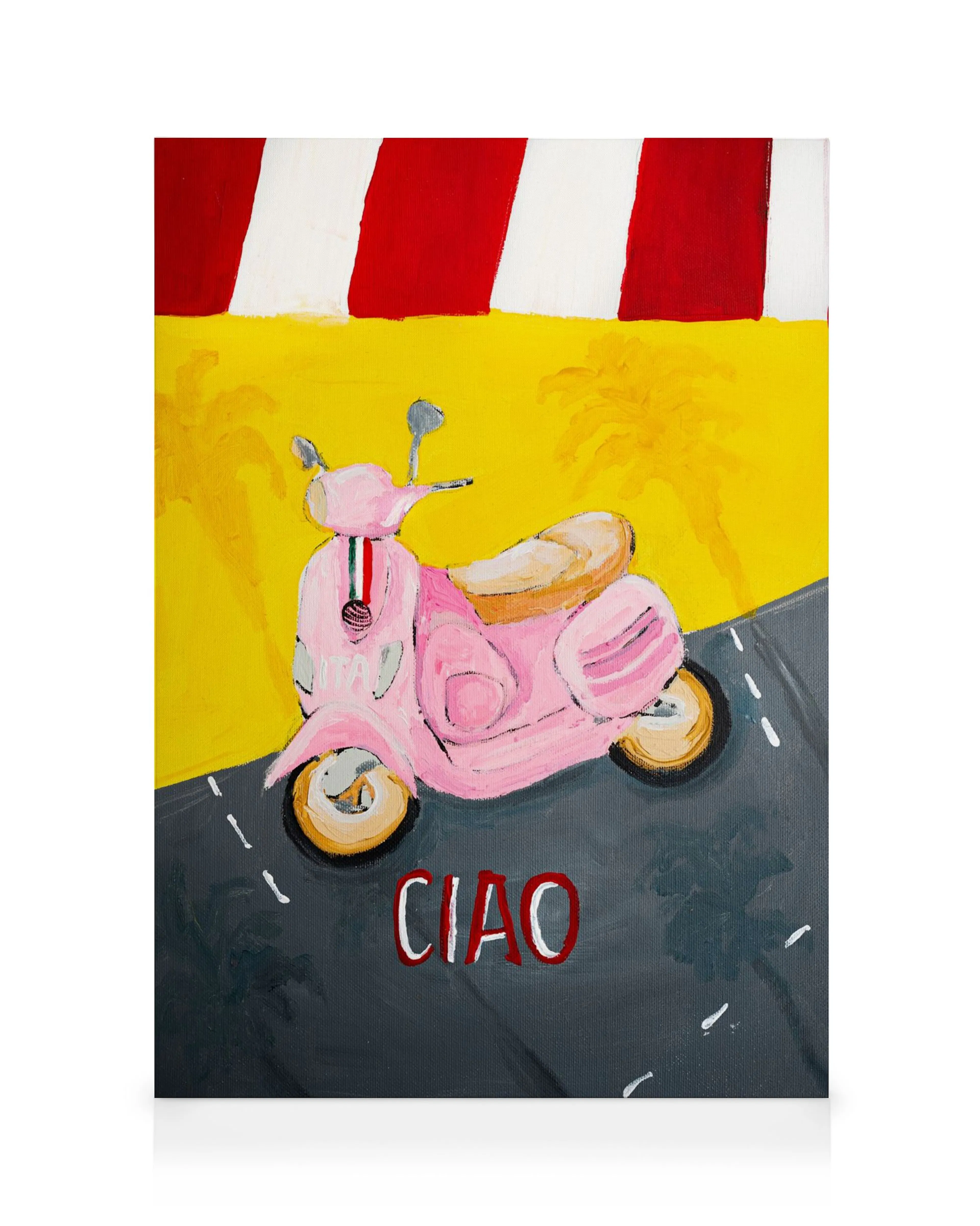 Vaaleanpunainen Vespa-skootteri keltaisella pohjalla ja punavalkoisella raidallisella katoksella, Ciao-teksti kanvaasissa.