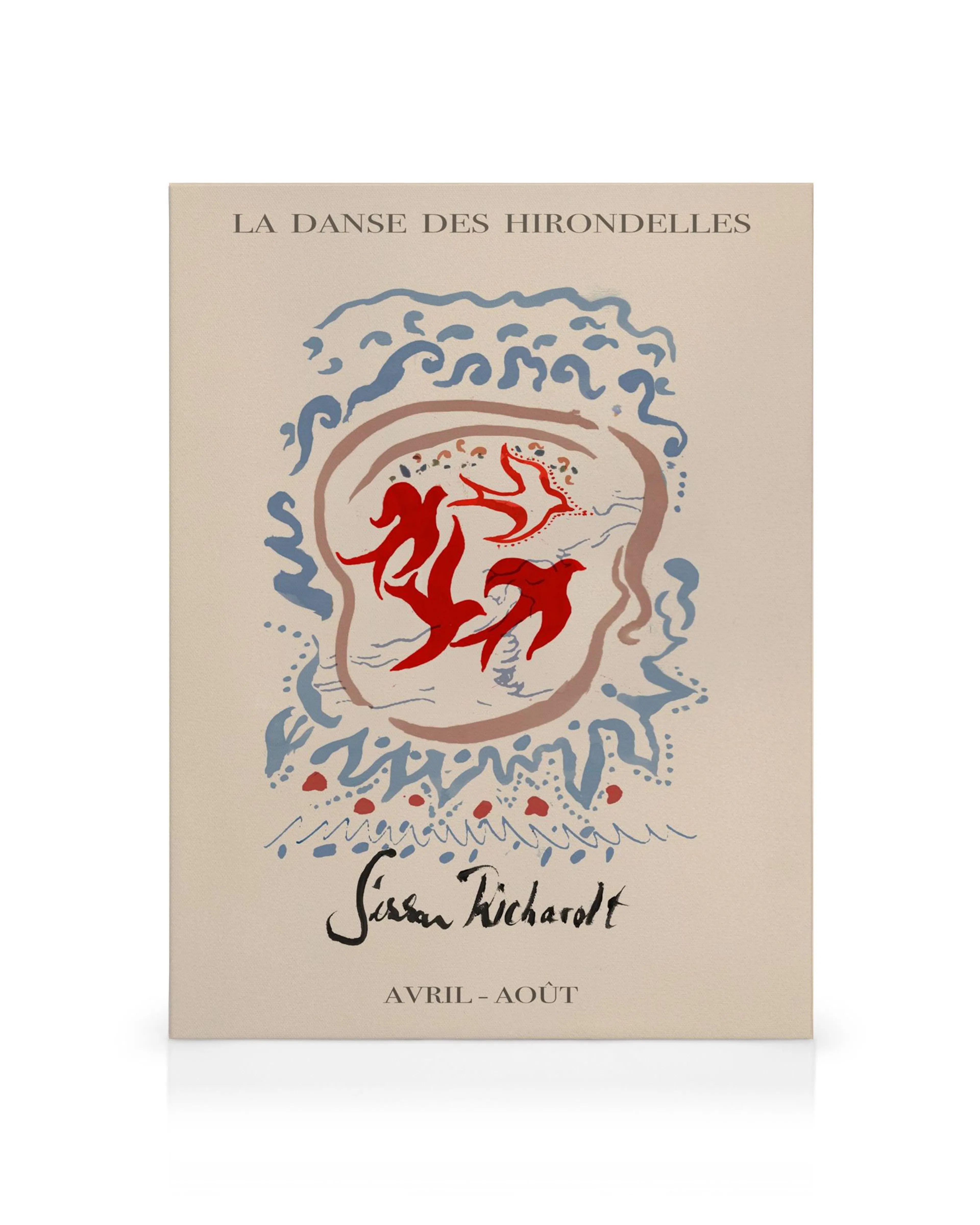 A canvas print featuring red stylized birds and organic shapes, with blue wave patterns on a light background.
