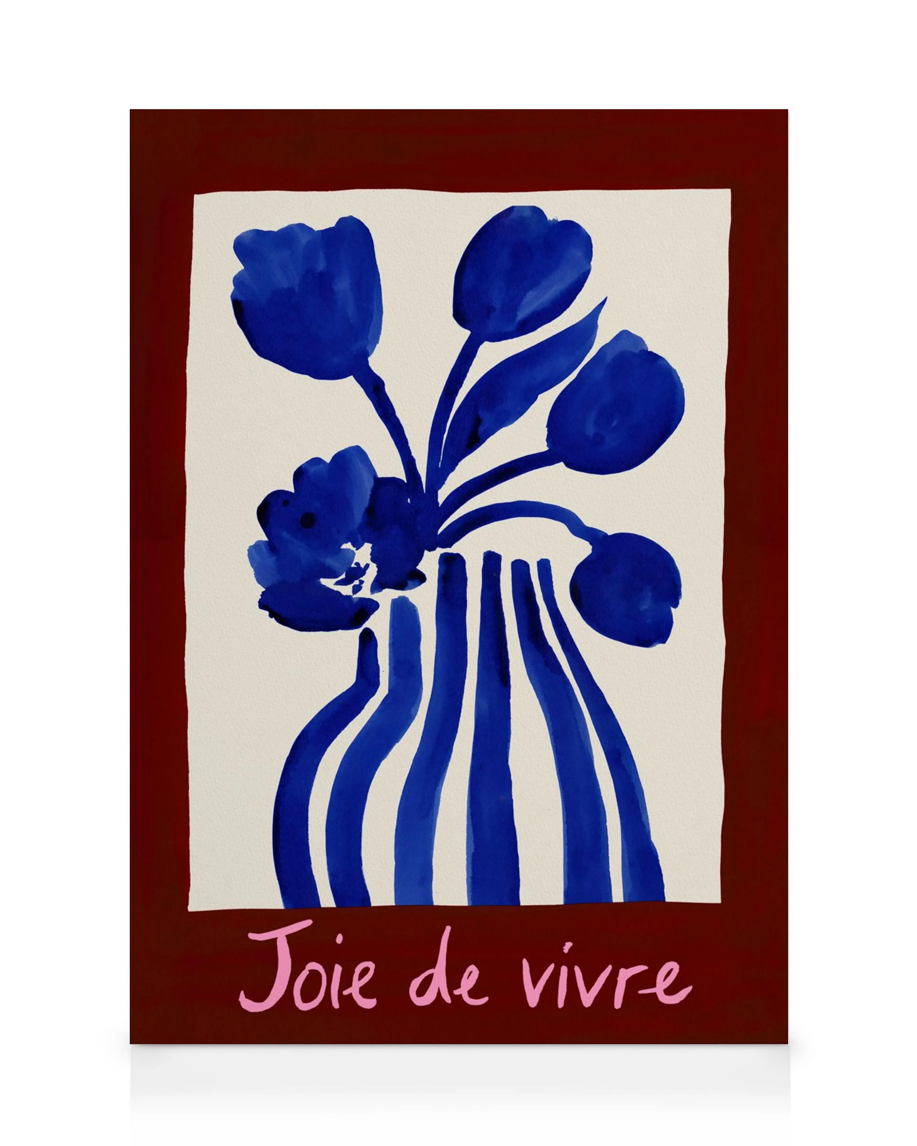 Toile Joie de vivre avec vase et fleurs bleues abstraites sur fond clair, bordure marron.