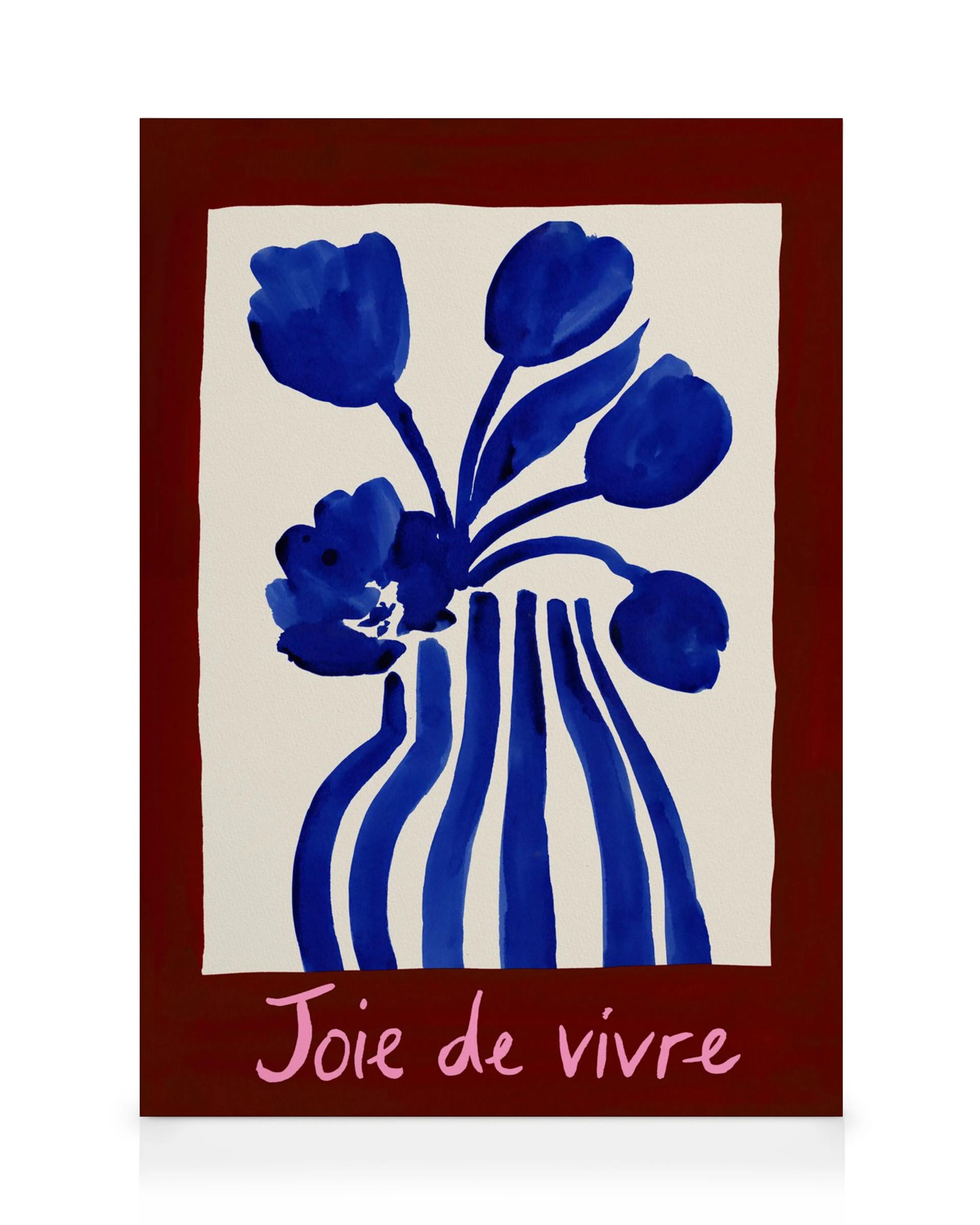A canvas print featuring a blue abstract floral arrangement in a striped vase with the words Joie de vivre.