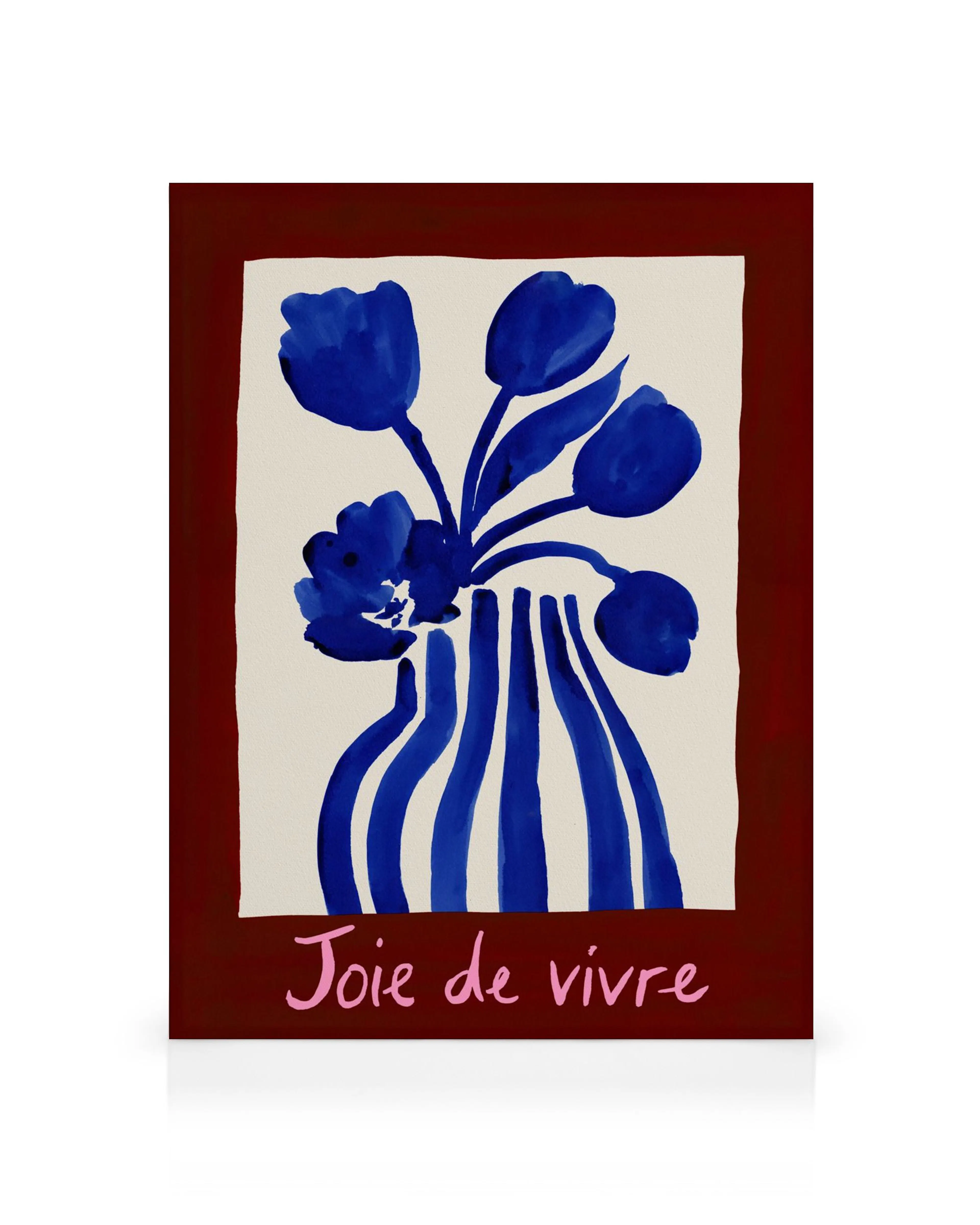 Tela decorativa com ilustração de vaso listrado azul com flores azuis, sobre fundo creme, e a frase Joie de vivre.