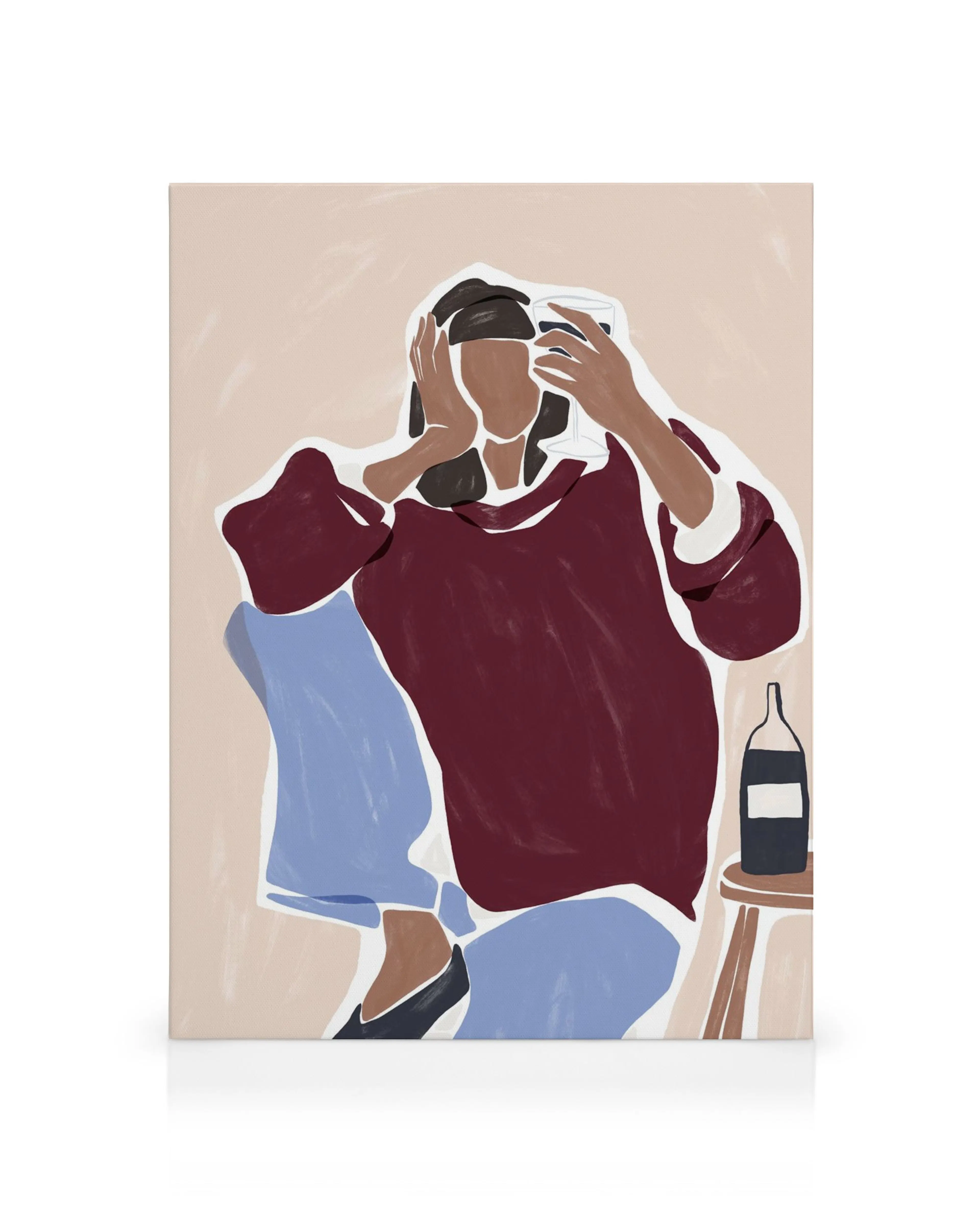 Leinwandbild einer Person in Burgunderrot und Blau, die ein Glas Wein hält, daneben steht eine Flasche Wein.