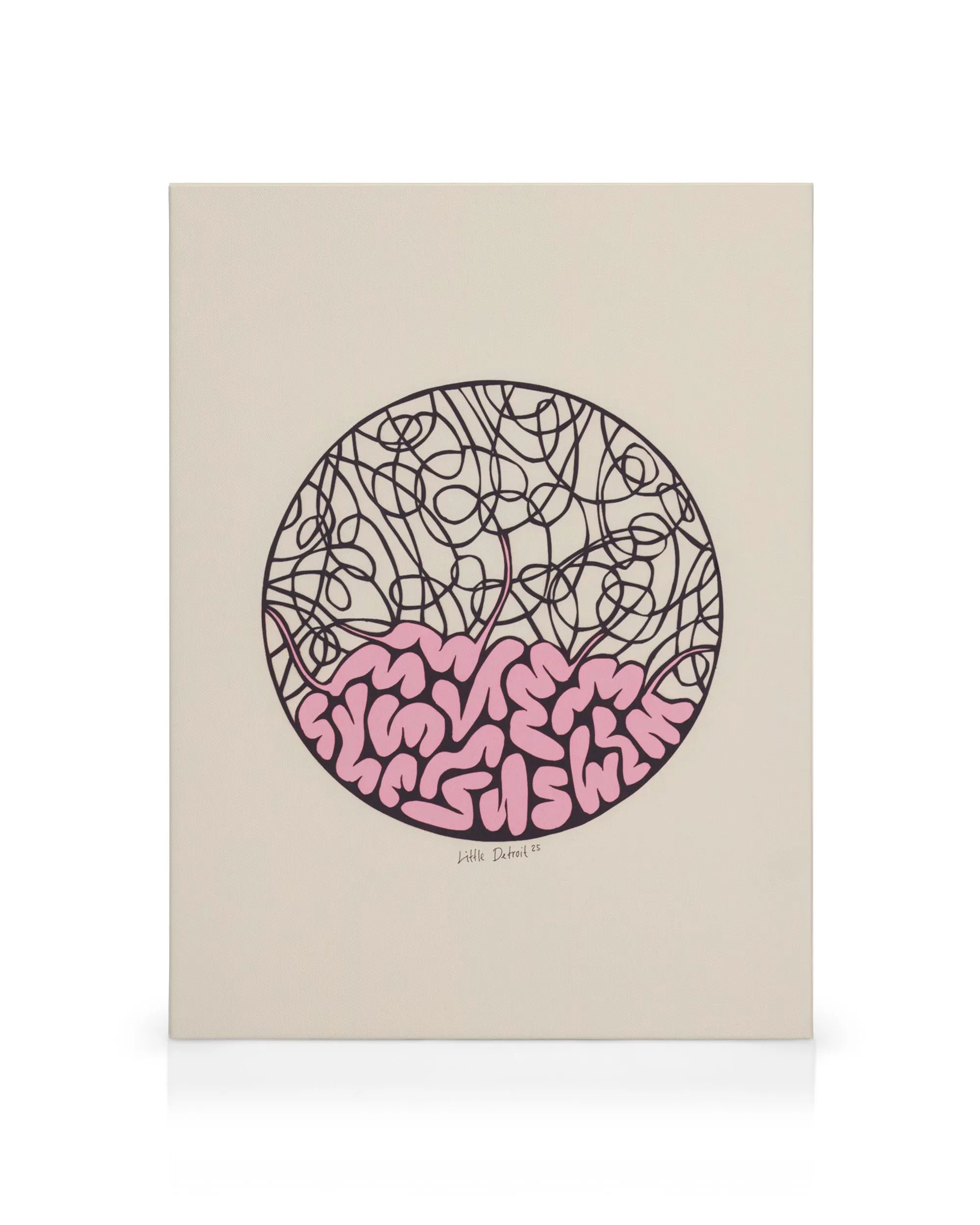 Een canvas met een cirkel verdeeld in tweeën: bovenaan zwarte wirwarlijnen, onderaan roze hersenstructuur.