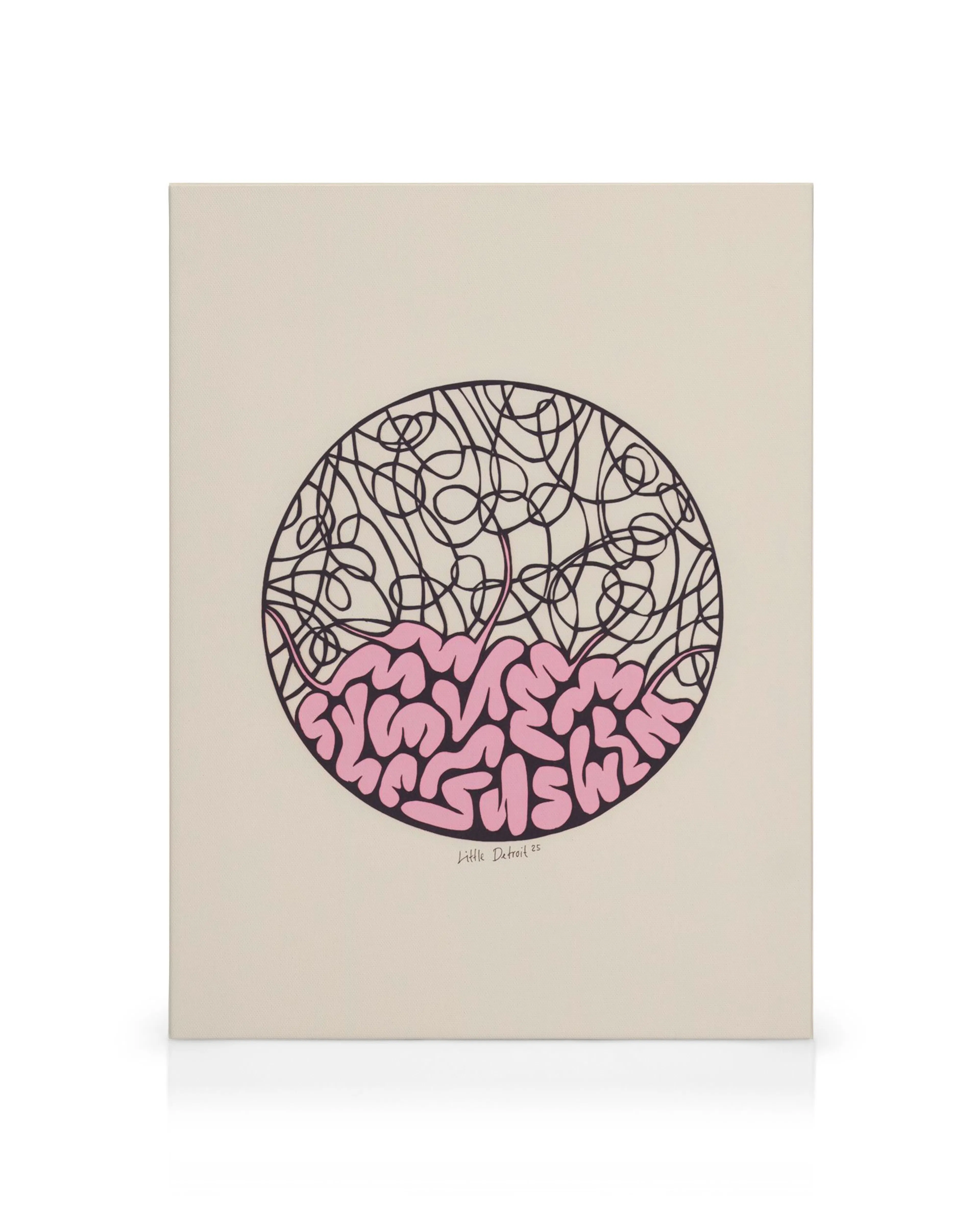 A canvas print featuring a circular design with a top half of black tangled lines and a bottom half of pink brain-like folds.