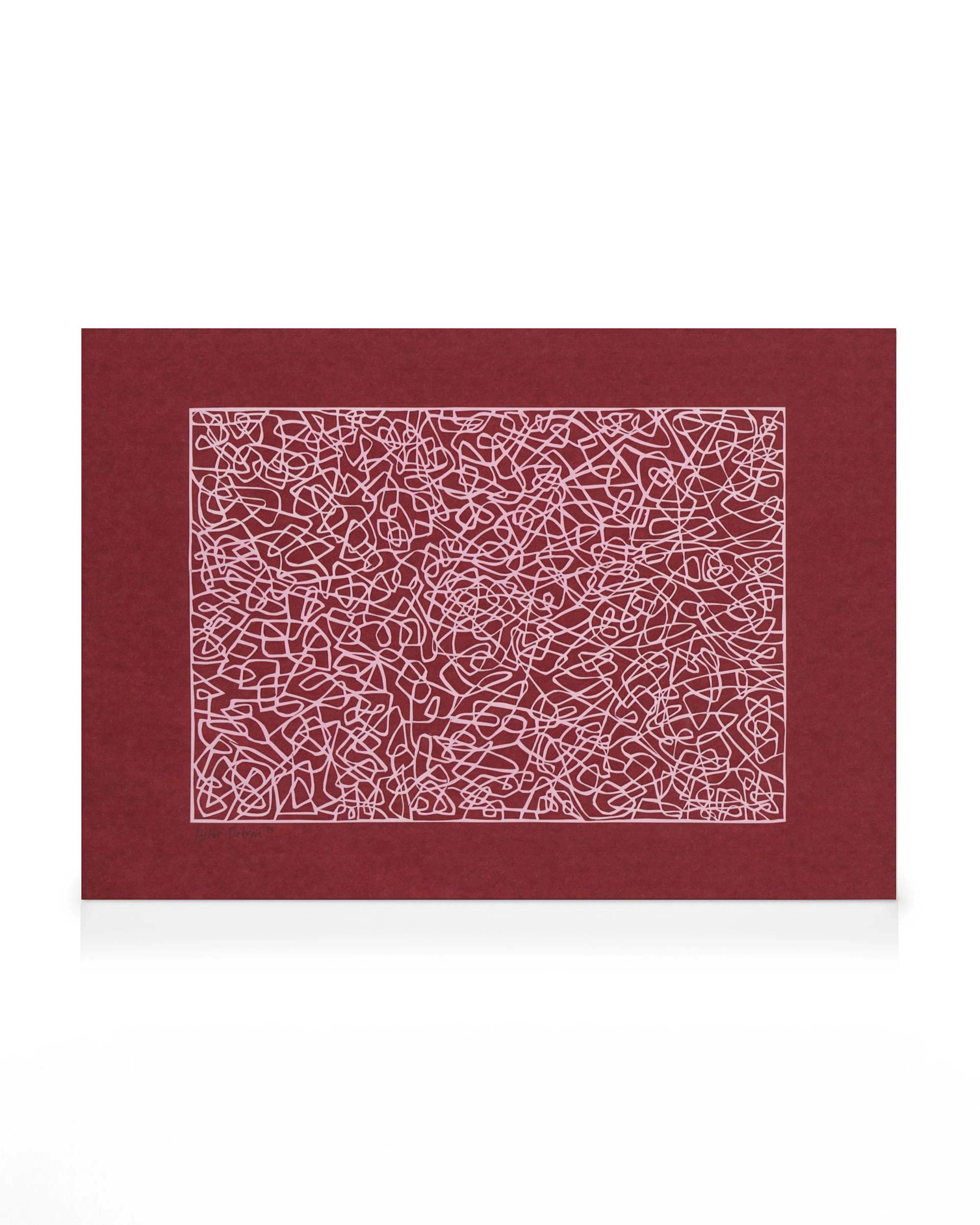Lienzo con diseño abstracto de líneas orgánicas entrelazadas en blanco y rosa claro sobre un fondo rojo oscuro.
