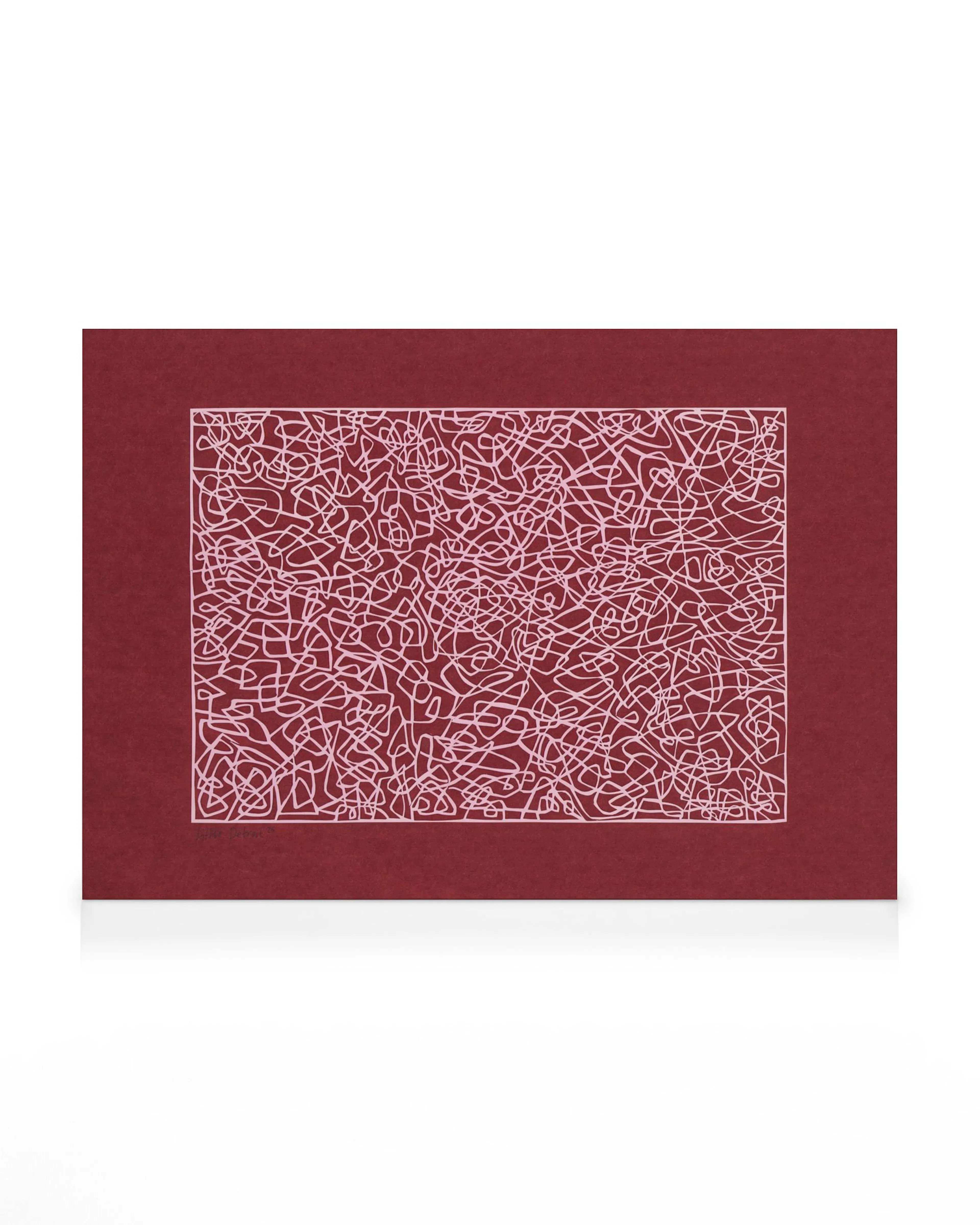 A canvas print featuring abstract, tangled white and light pink lines on a dark red background.