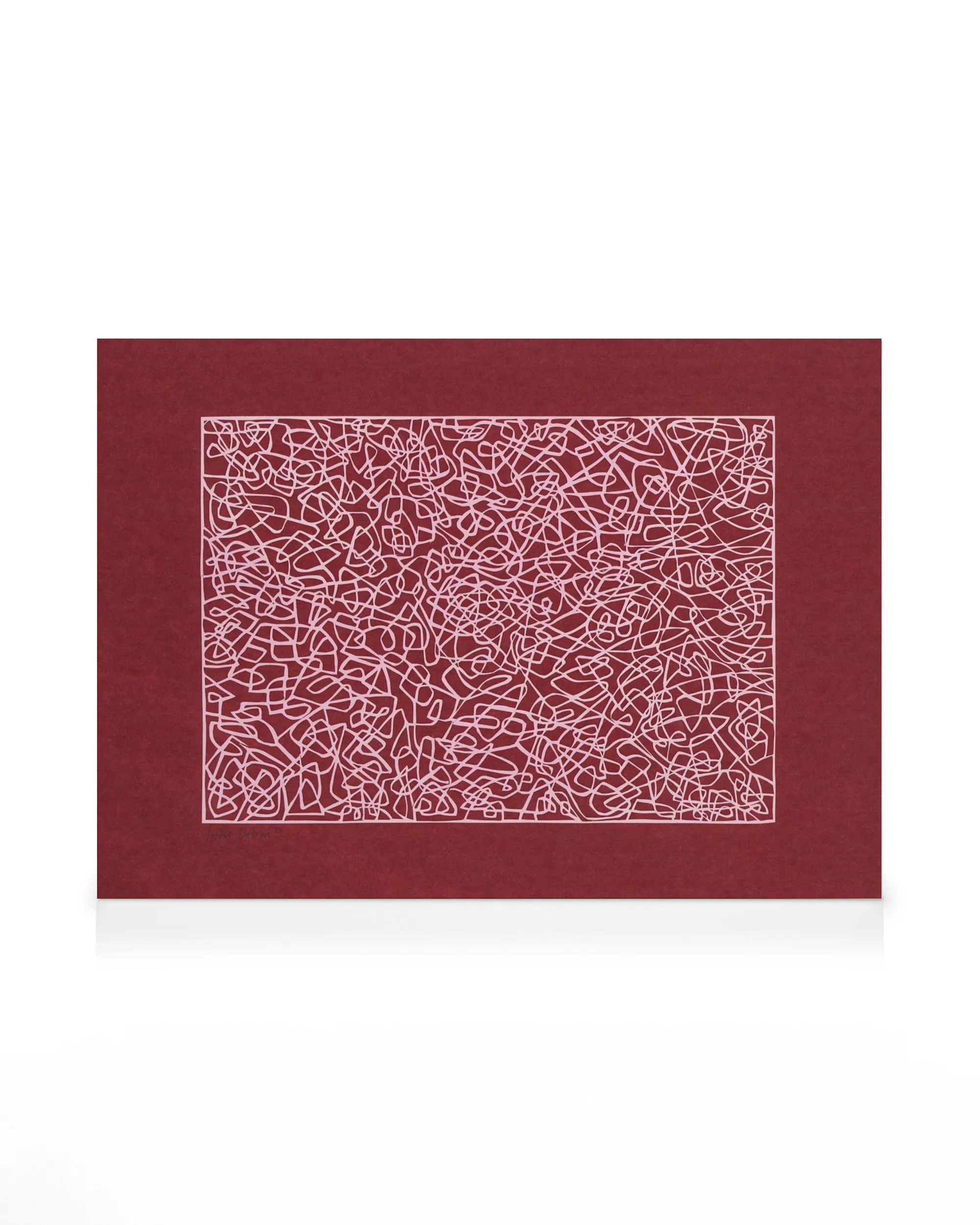 A canvas print featuring chaotic white and light pink lines on a dark red background, creating an intricate maze-like pattern.
