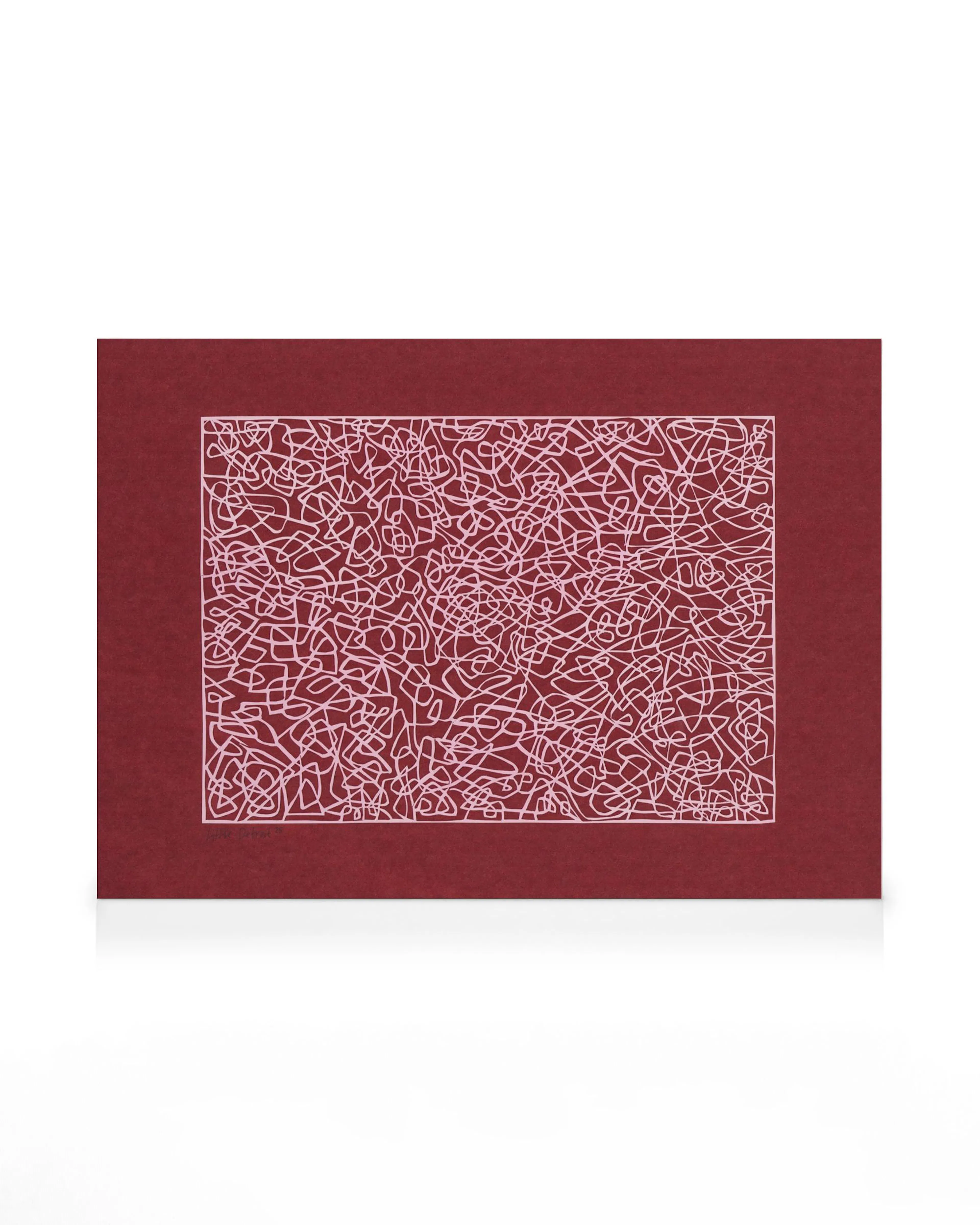 A canvas print featuring chaotic white and light pink lines on a dark red background, creating an intricate maze-like pattern.