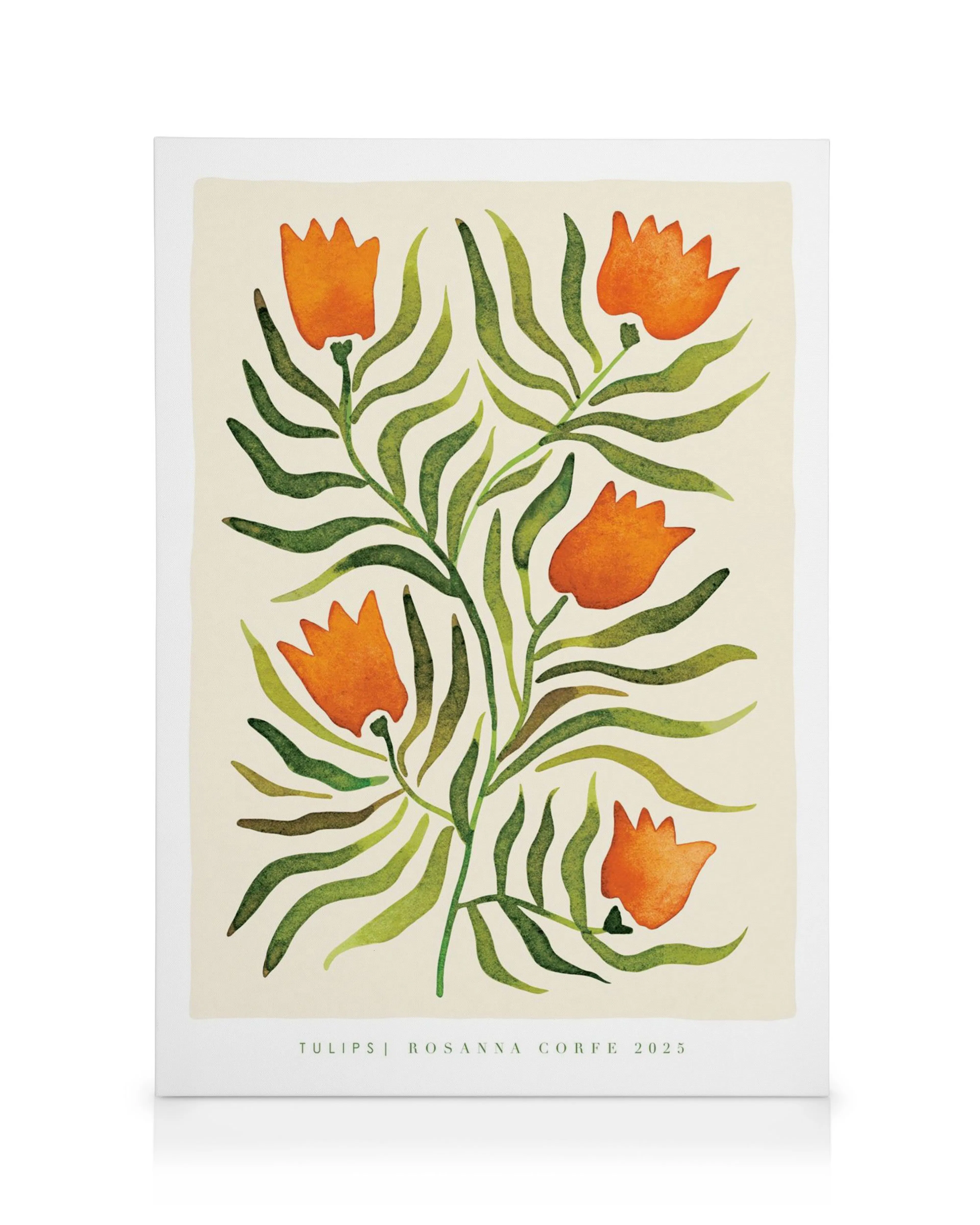 Kanvaasi oransseista tulppaaneista ja vihreistä lehdistä vaalealla pohjalla, Rosanna Corfen Tulips-teos.