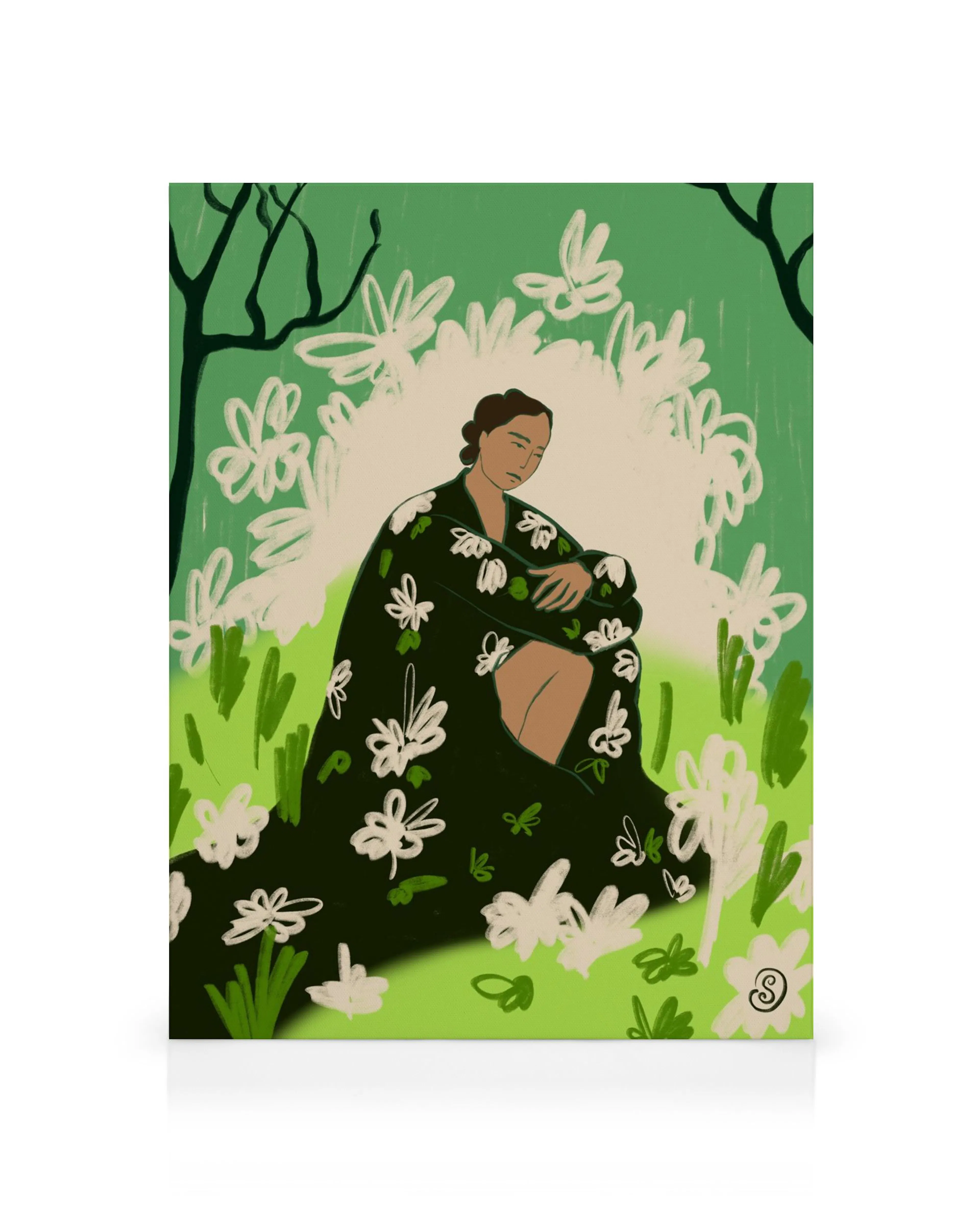 A canvas print featuring a woman in a dark green robe with white floral patterns, sitting in a green garden with white flowers.
