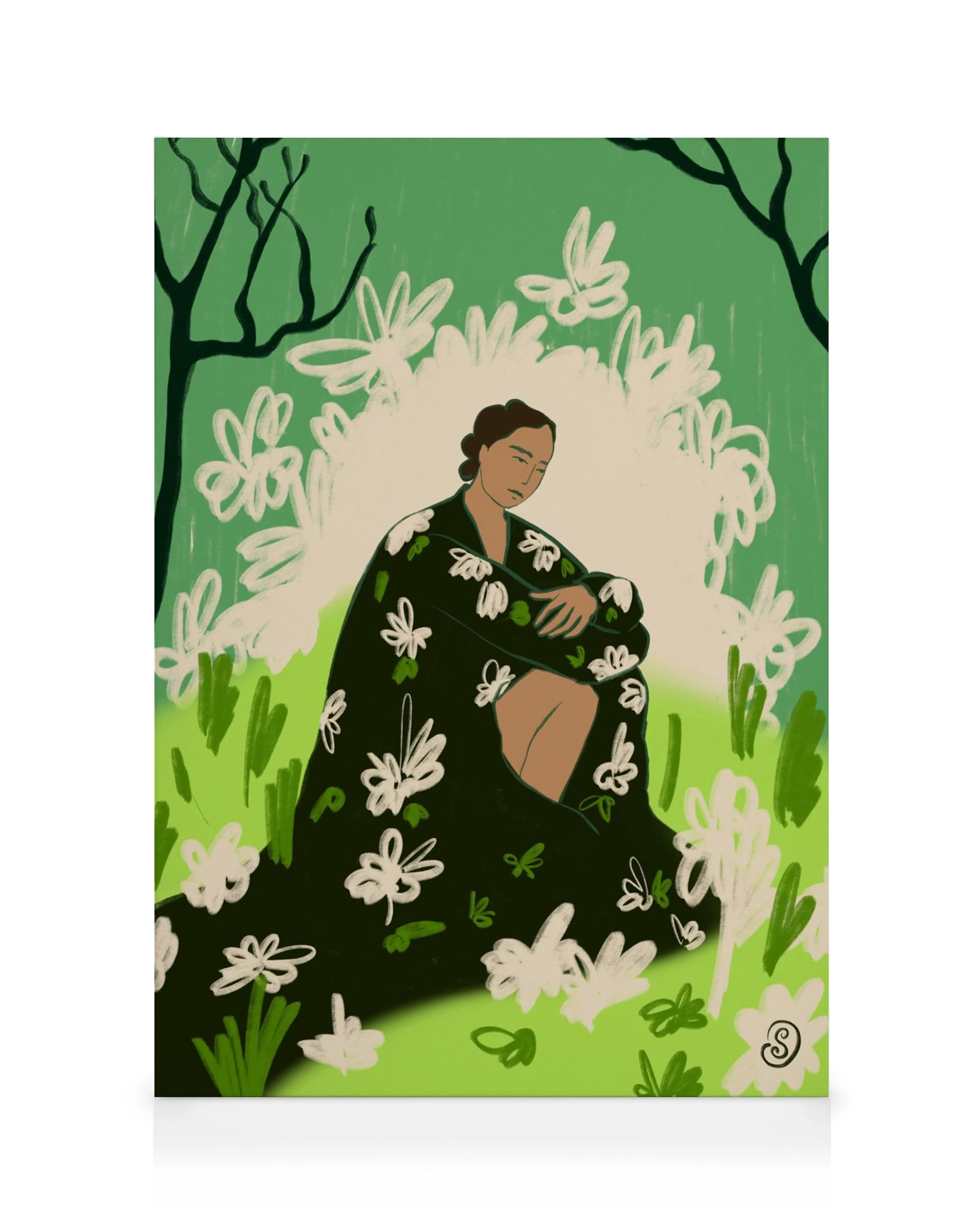 Toile dune femme assise en robe fleurie dans un environnement verdoyant avec des papillons blancs et des arbres sombres.