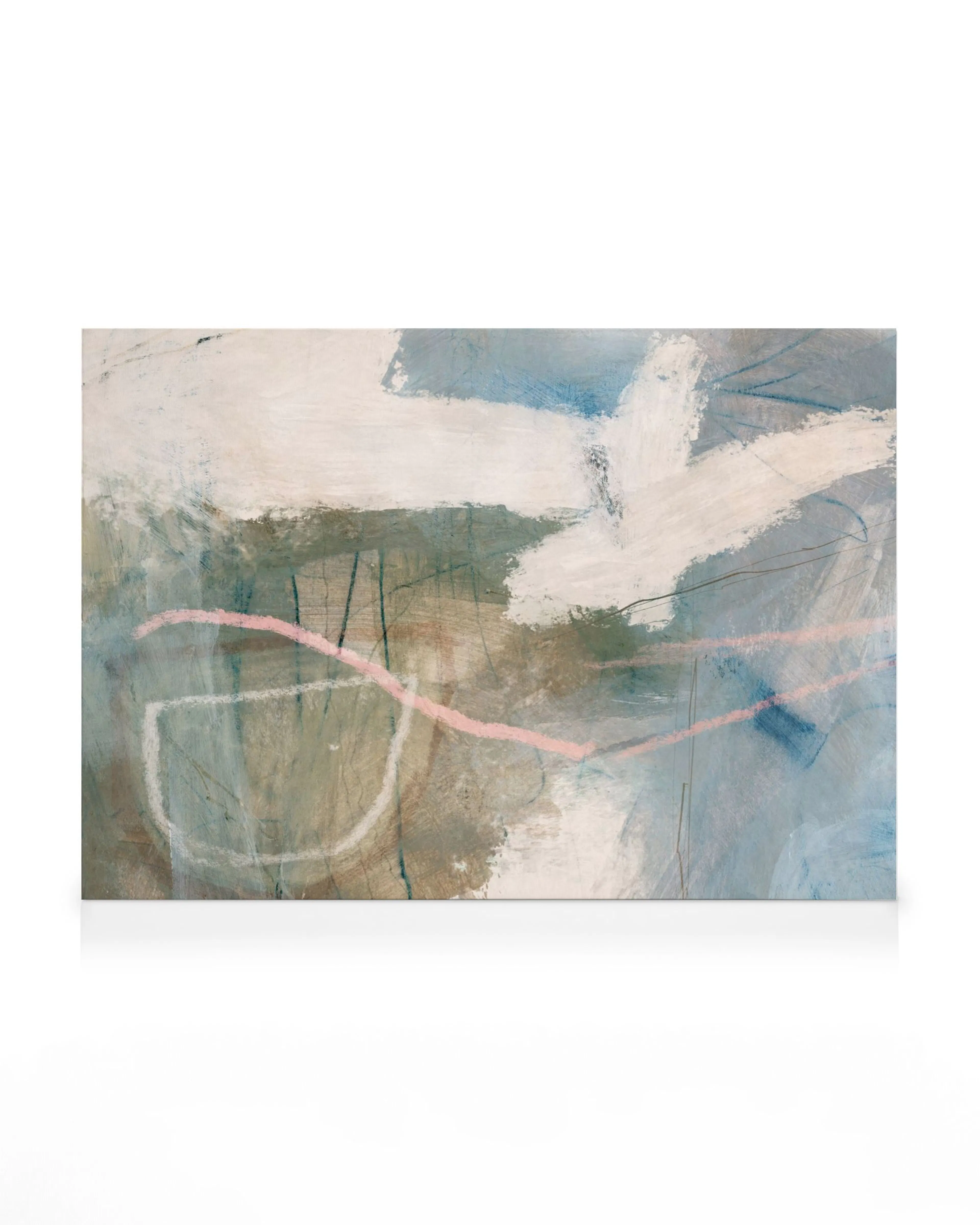 A neutral-toned abstract canvas print with swathes of white, blue, and green, accented by a pink line and scribbled details.